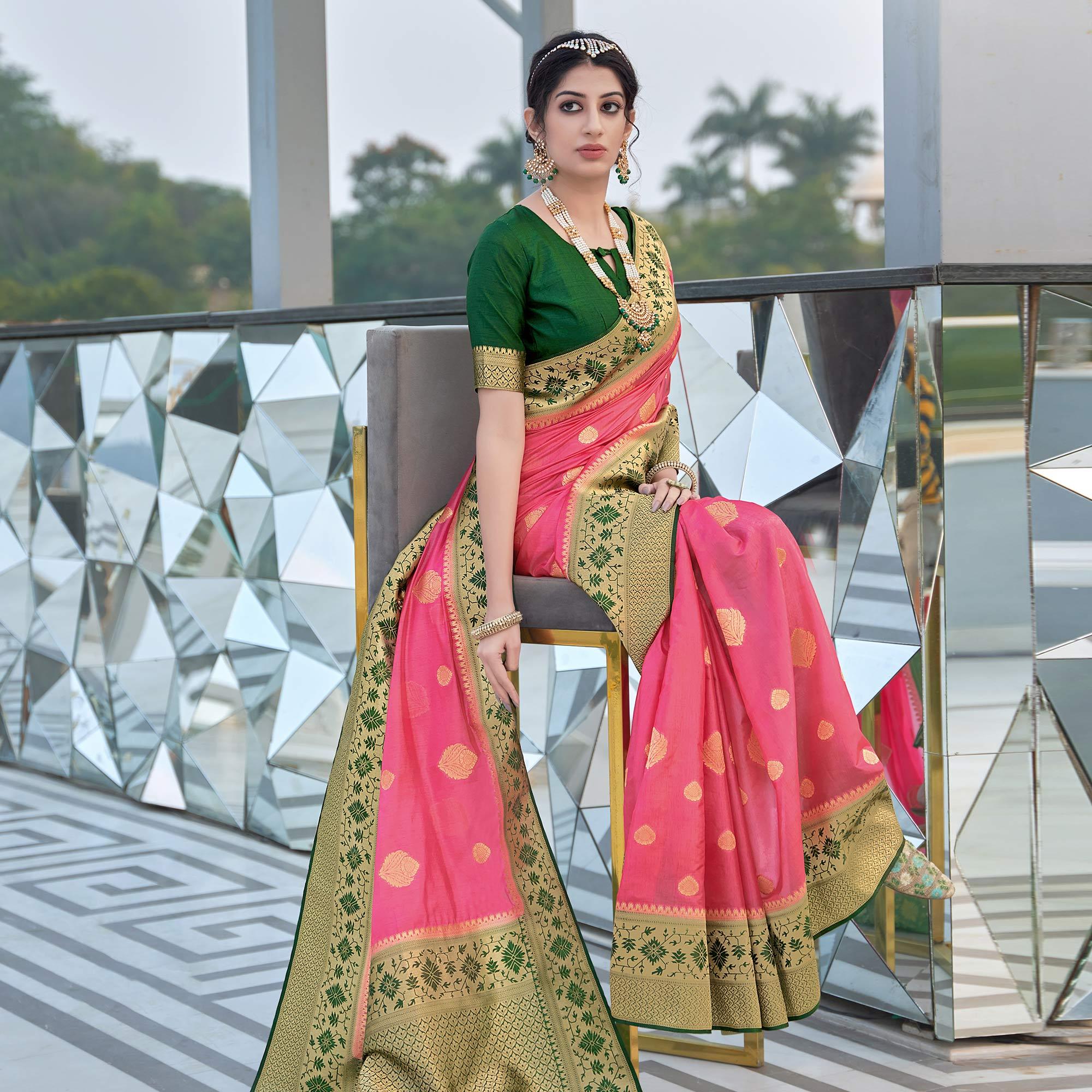Pink Festive Wear Woven Silk Organza Saree - Peachmode