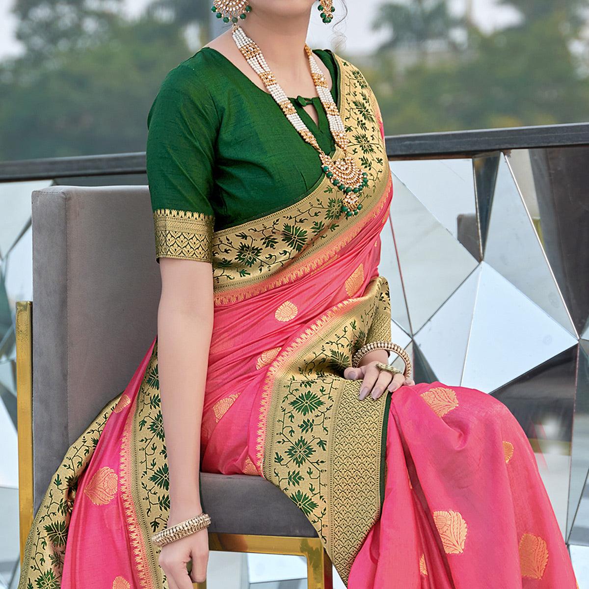 Pink Festive Wear Woven Silk Organza Saree - Peachmode