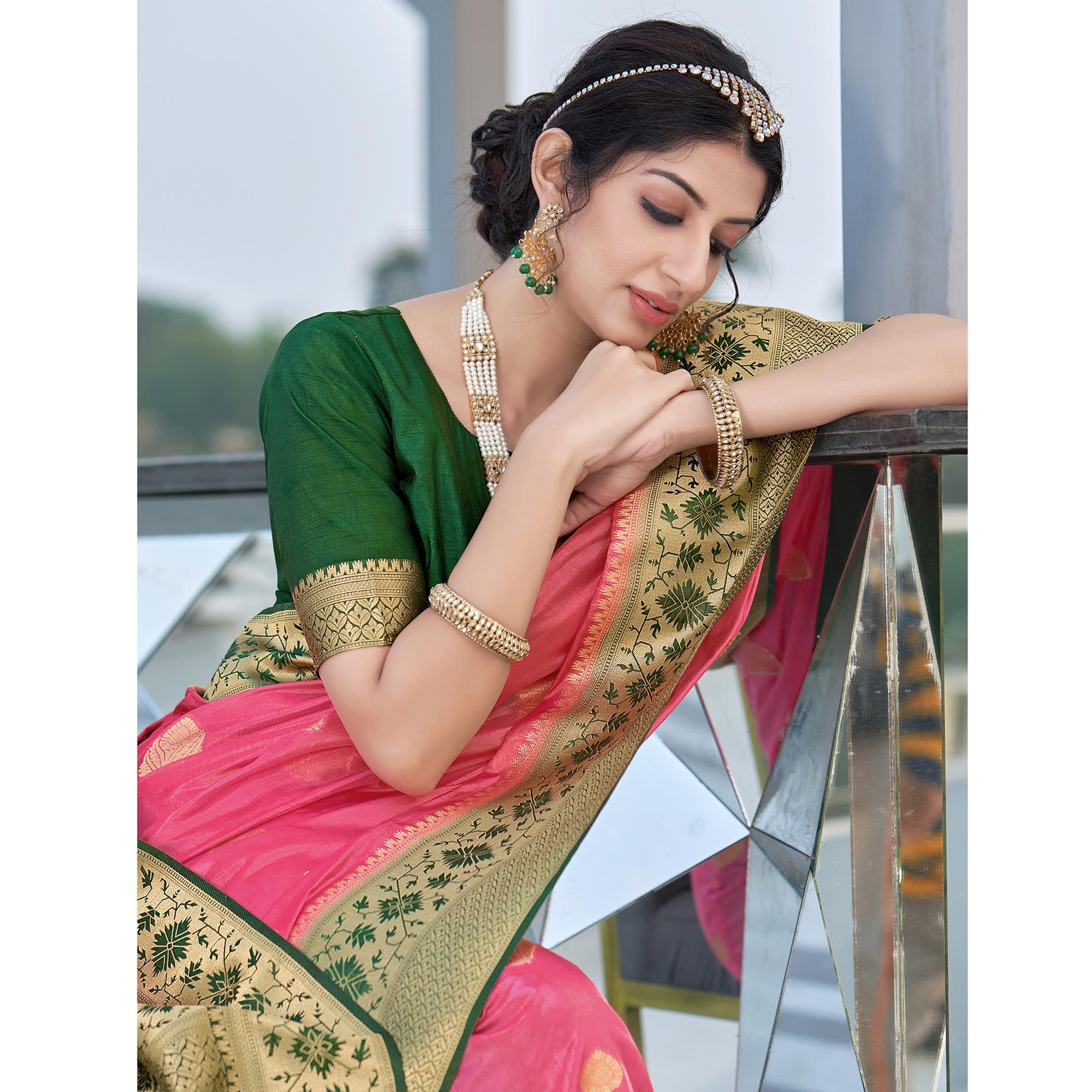 Pink Festive Wear Woven Silk Organza Saree - Peachmode