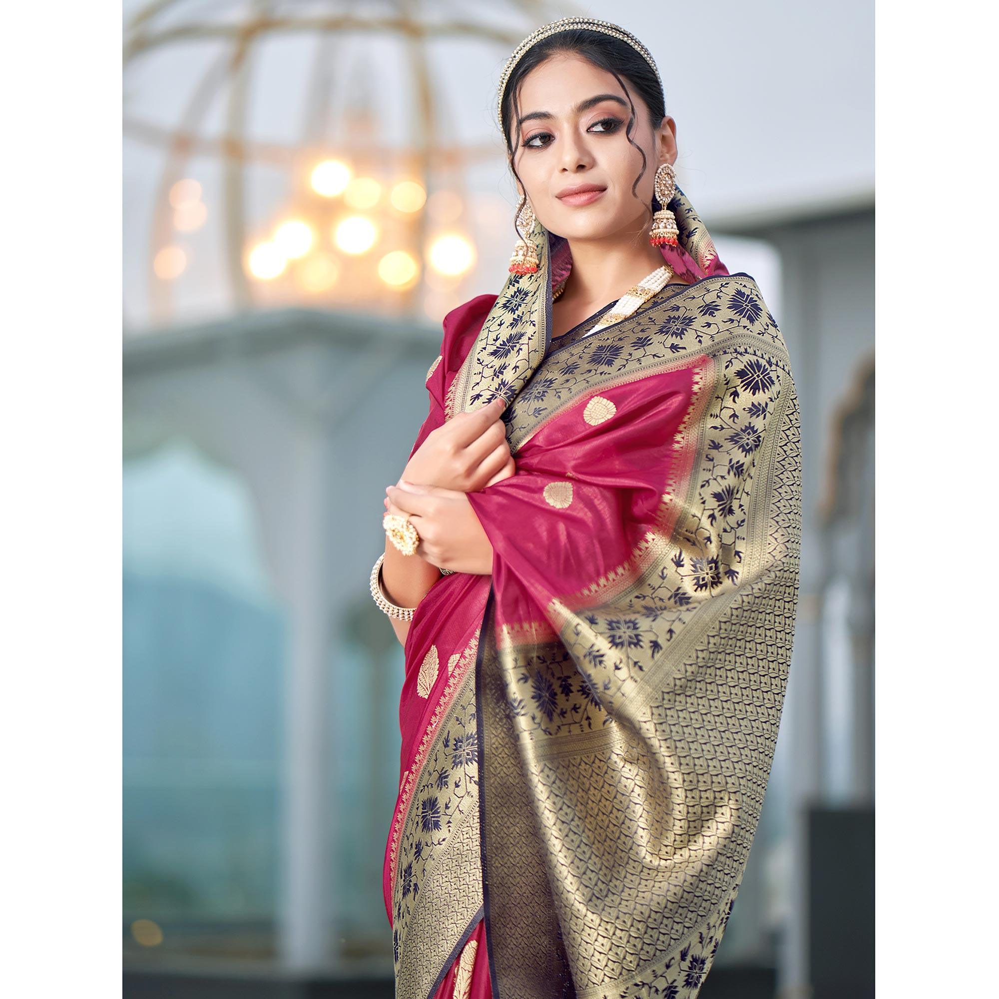 Pink Festive Wear Woven Silk Organza Saree - Peachmode