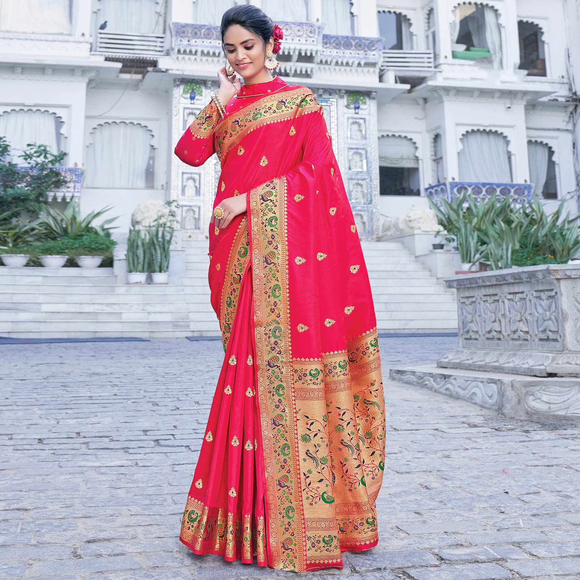 Pink  Festive Wear Woven Silk Saree - Peachmode