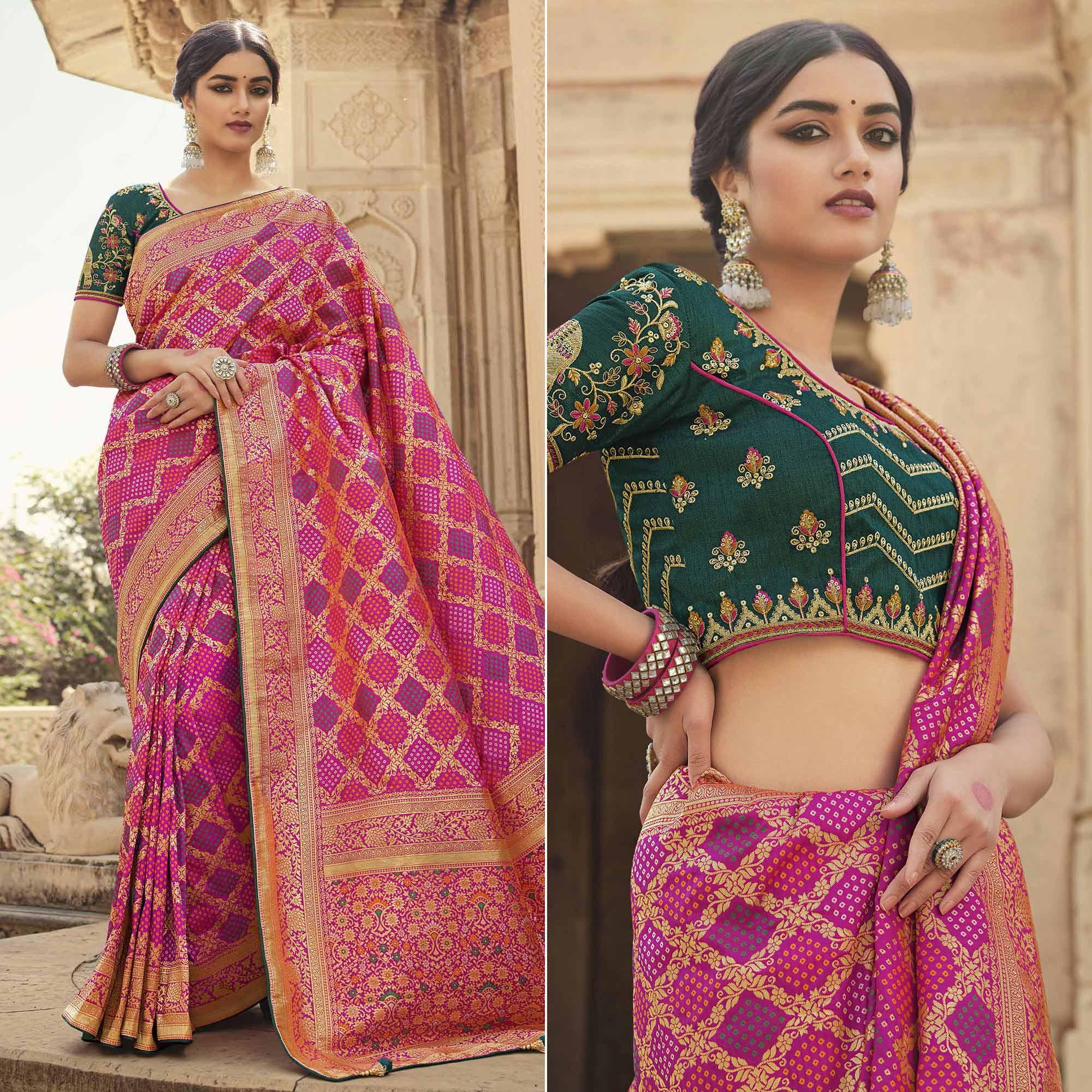 Pink Festive Wear Woven Silk Saree - Peachmode