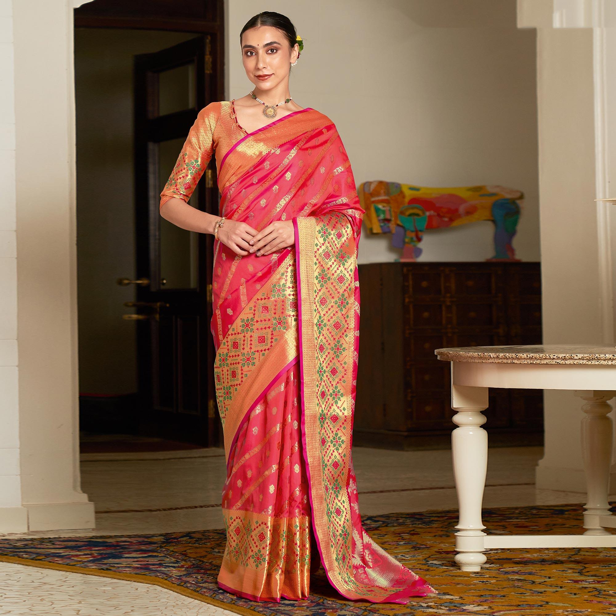 Pink Festive Wear Woven Silk Saree - Peachmode