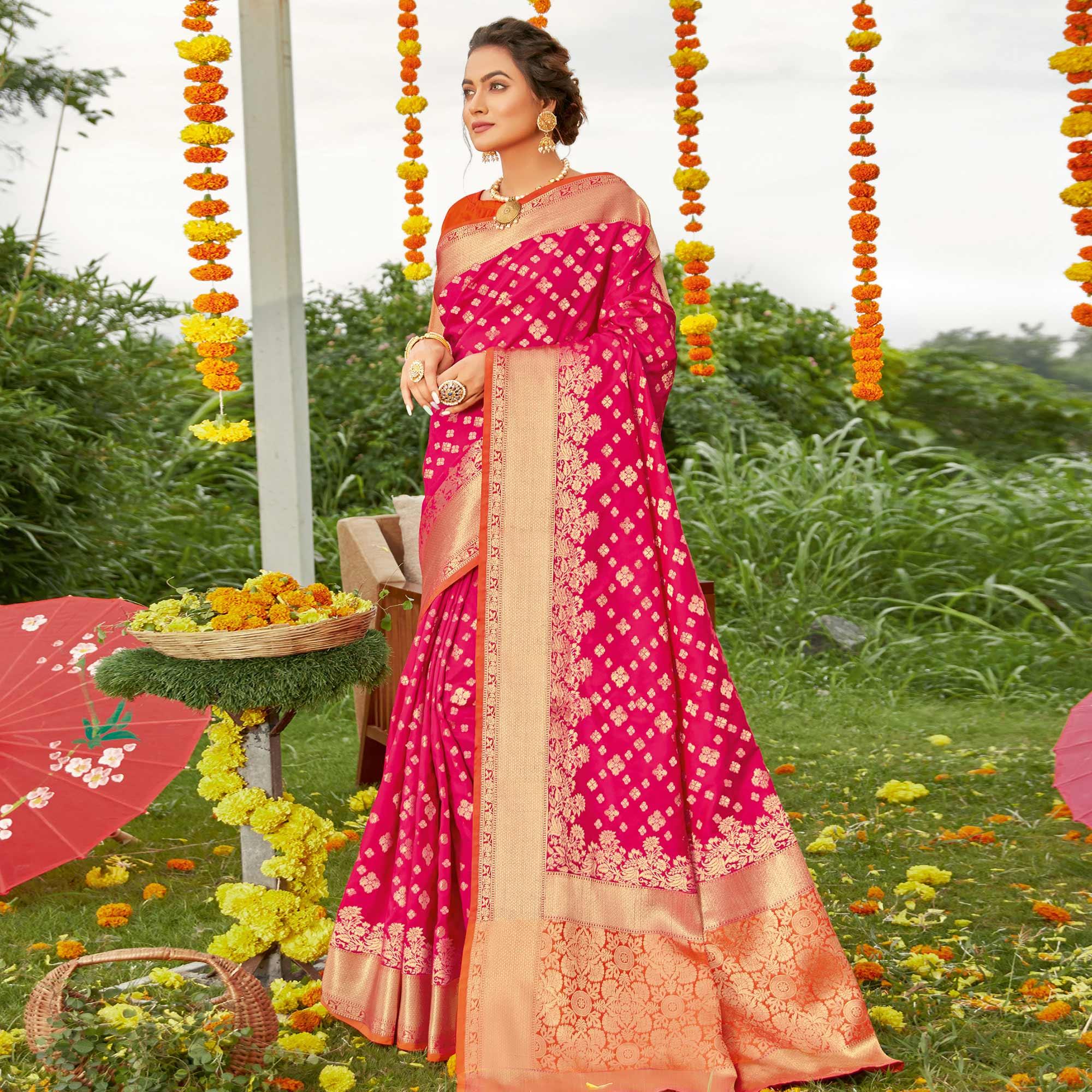 Pink Festive Wear Woven Silk Saree - Peachmode