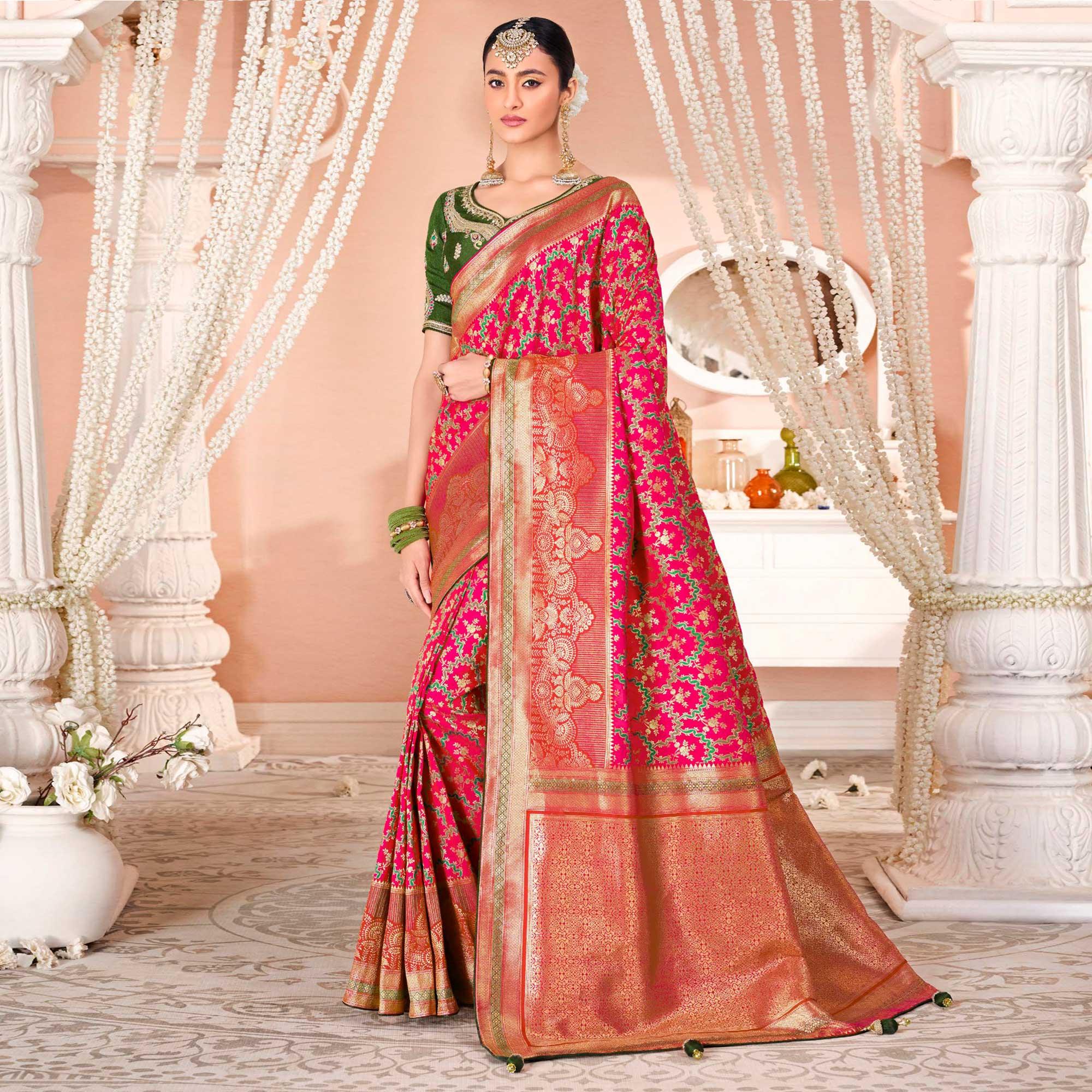 Pink Festive Wear Woven Silk Saree - Peachmode