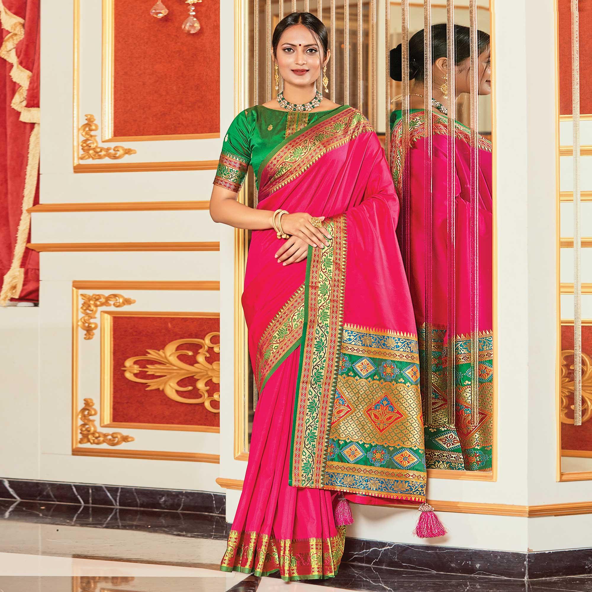 Pink Festive Wear Woven Silk Saree - Peachmode