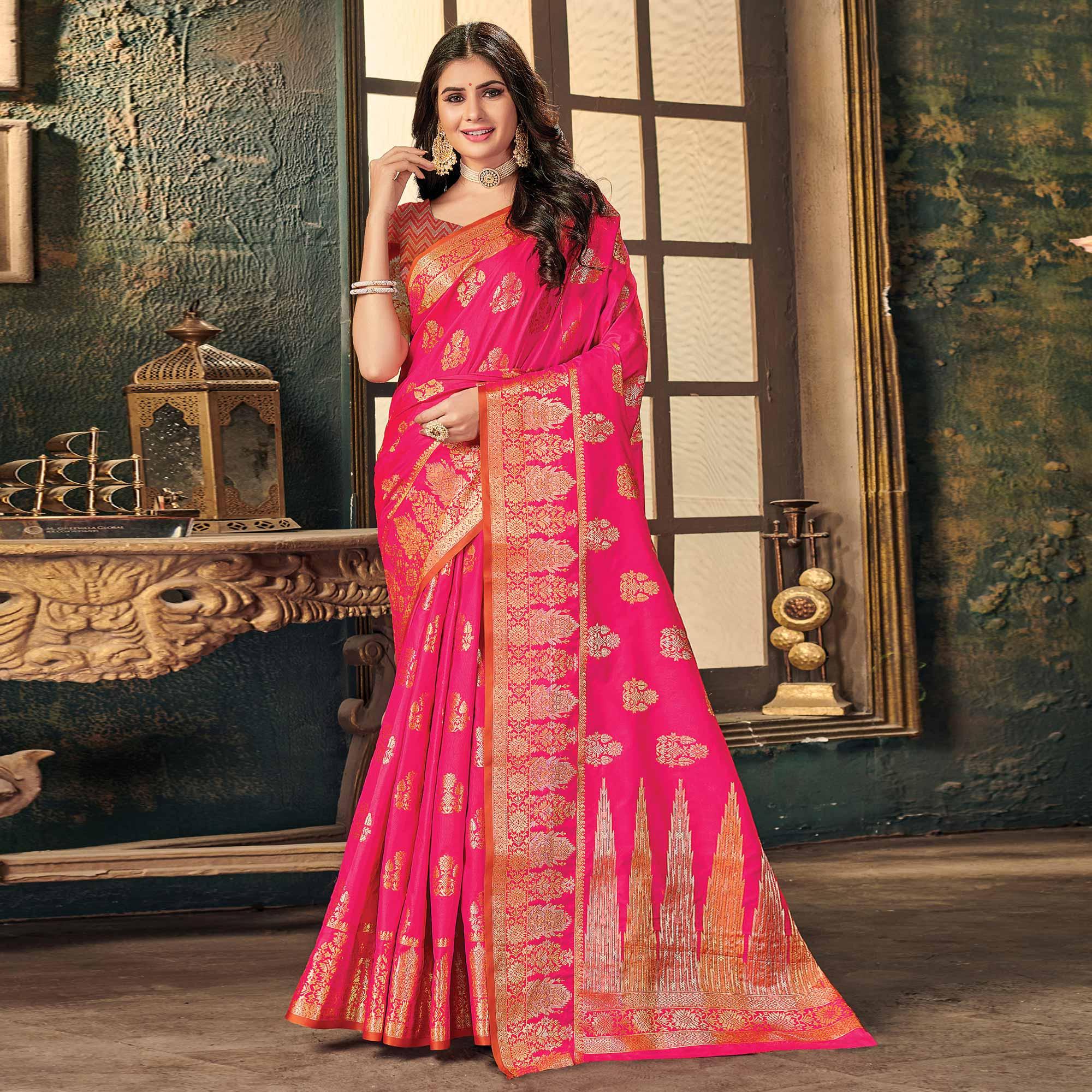 Pink Festive Wear Woven Silk Saree - Peachmode