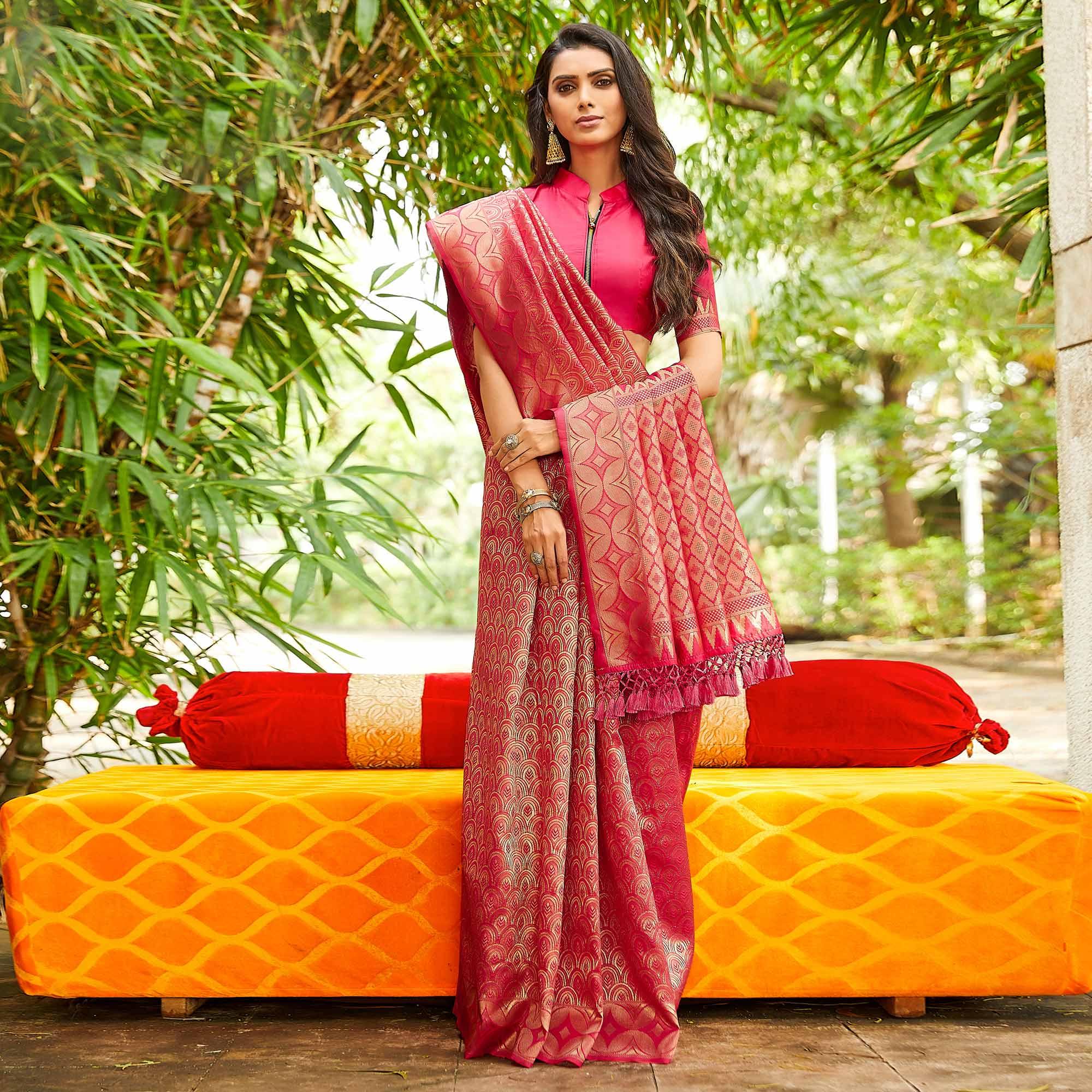 Pink Festive Wear Woven Silk Saree - Peachmode