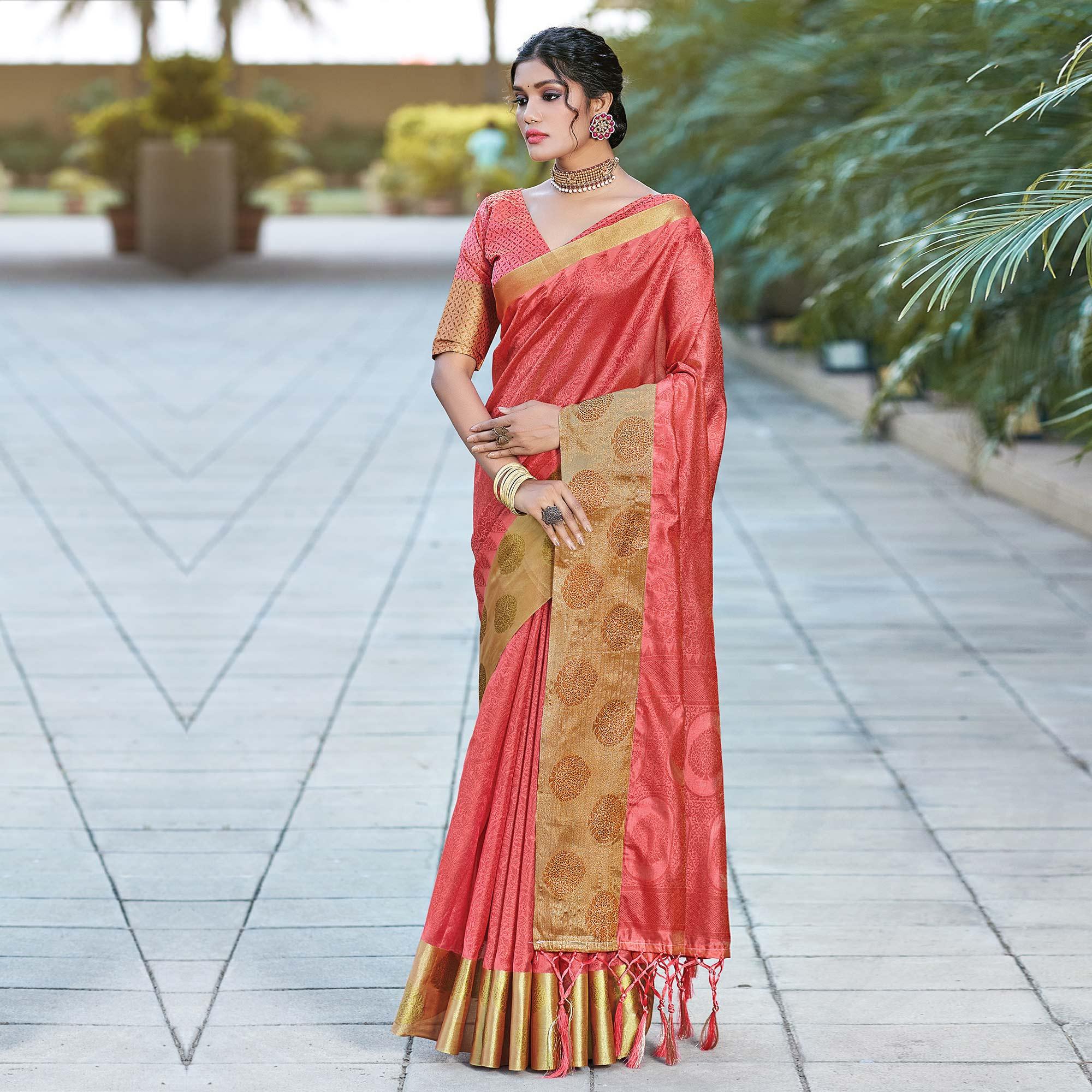 Pink Festive Wear Woven Silk Saree - Peachmode