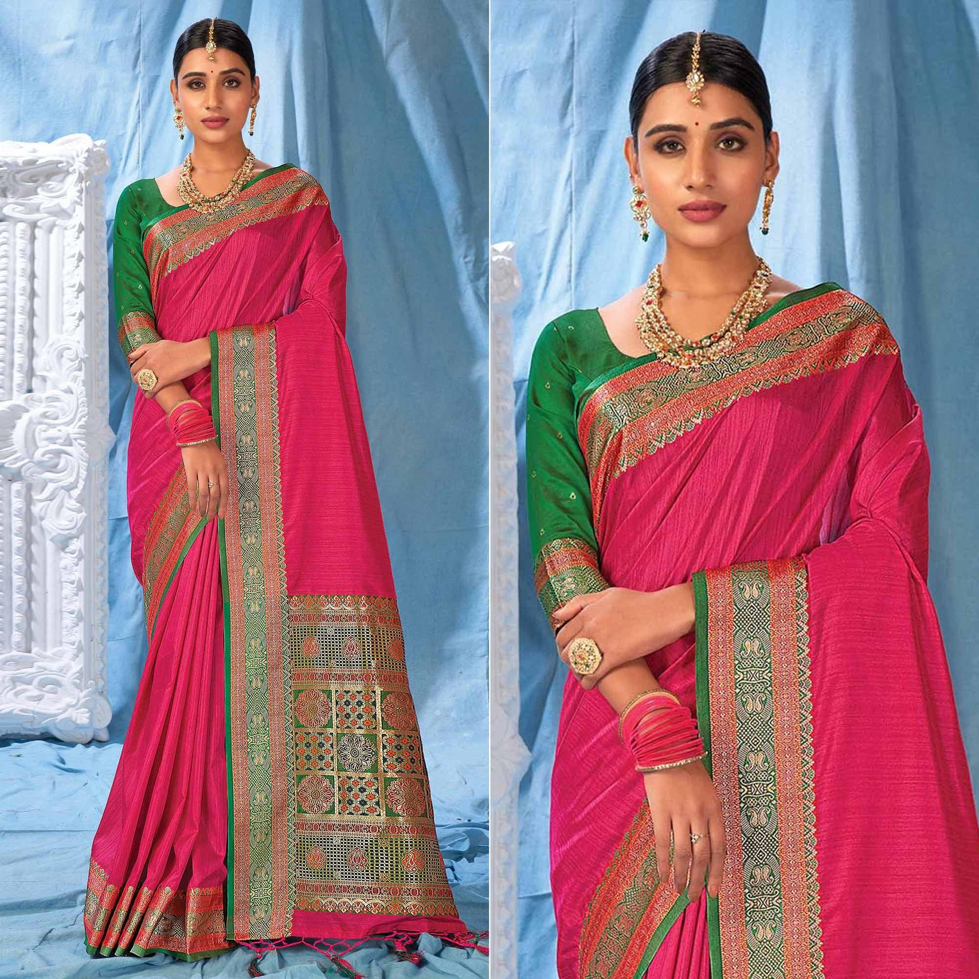 Pink Festive Wear Woven Silk Saree - Peachmode