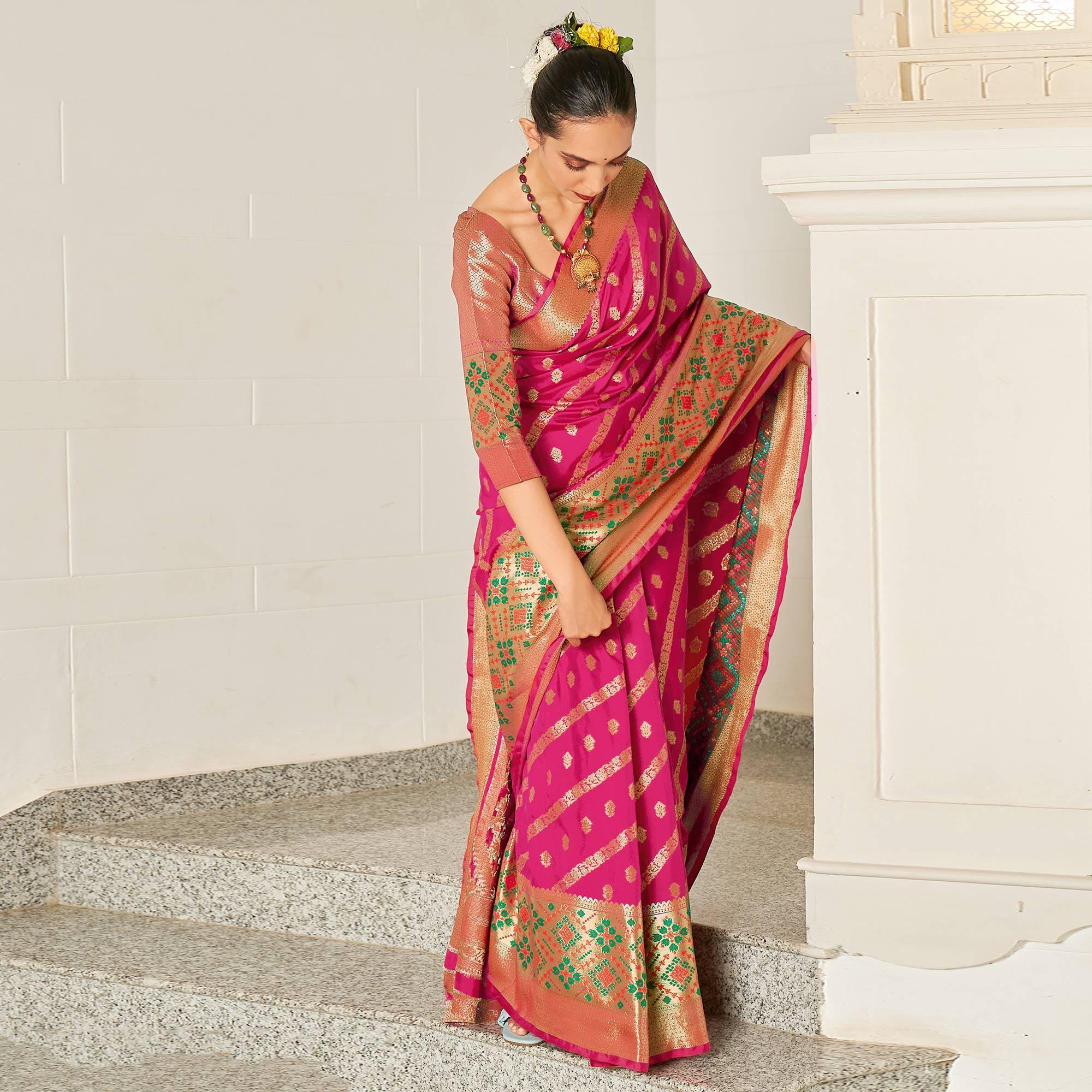 Pink Festive Wear Woven Silk Saree - Peachmode