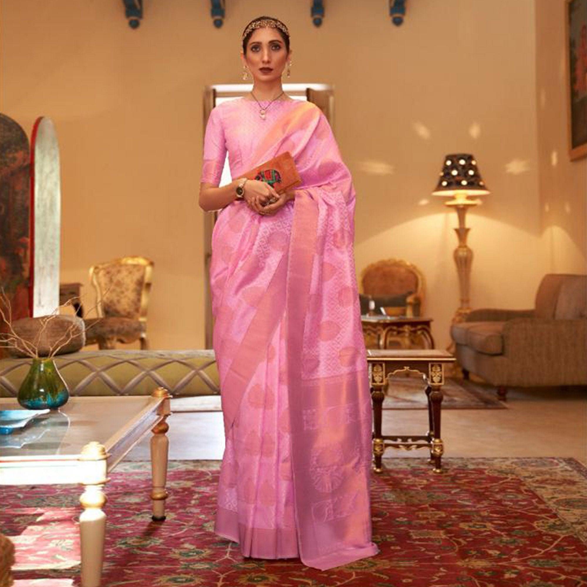 Pink Festive Wear Woven Silk Saree - Peachmode