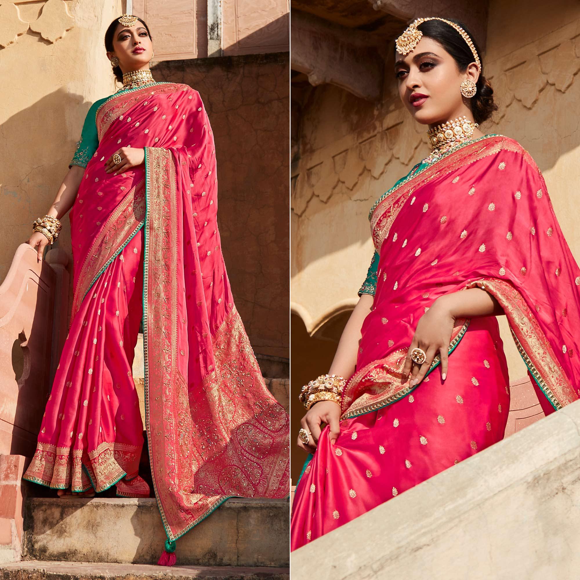 Pink Festive Wear Woven Silk Saree - Peachmode