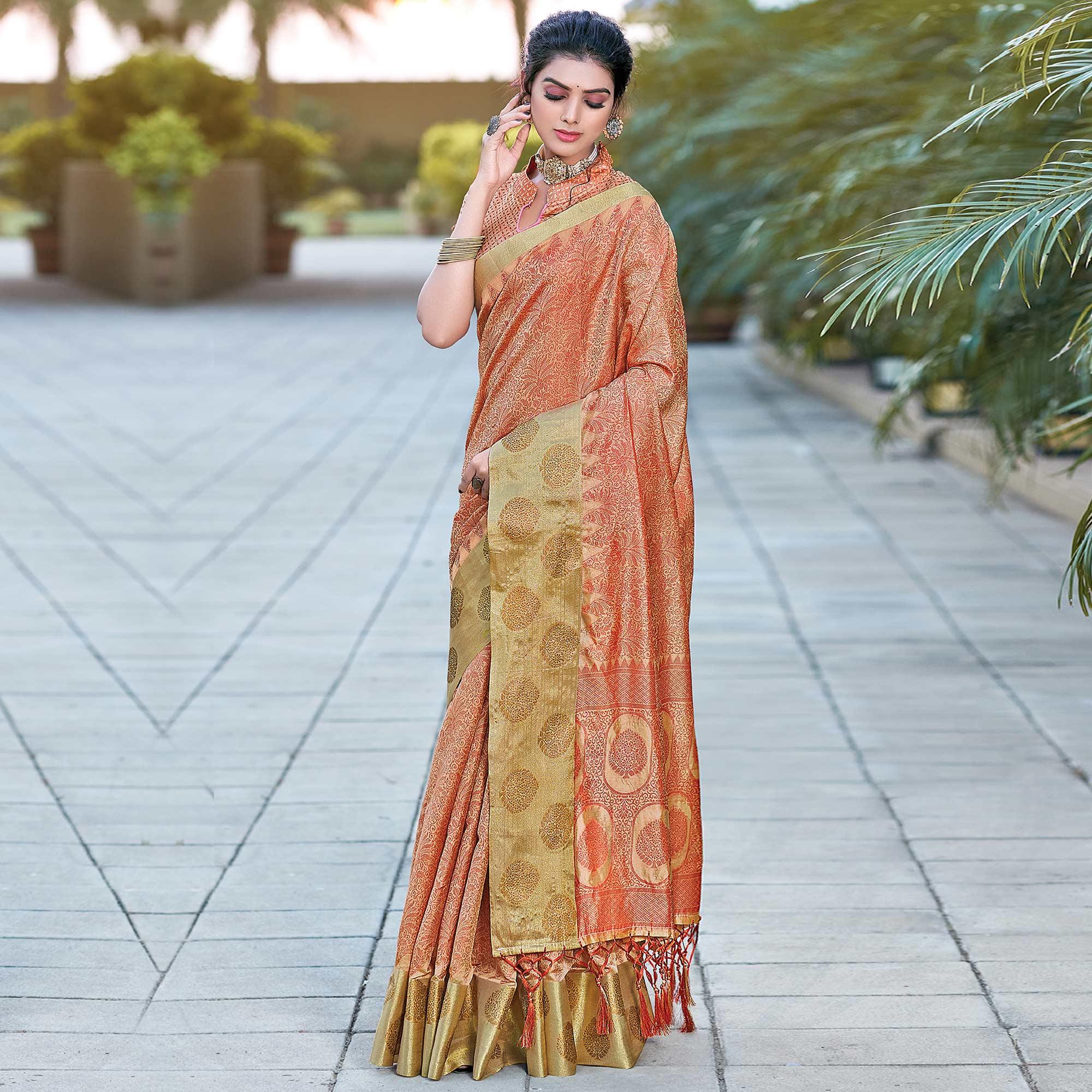 Pink Festive Wear Woven Silk Saree - Peachmode