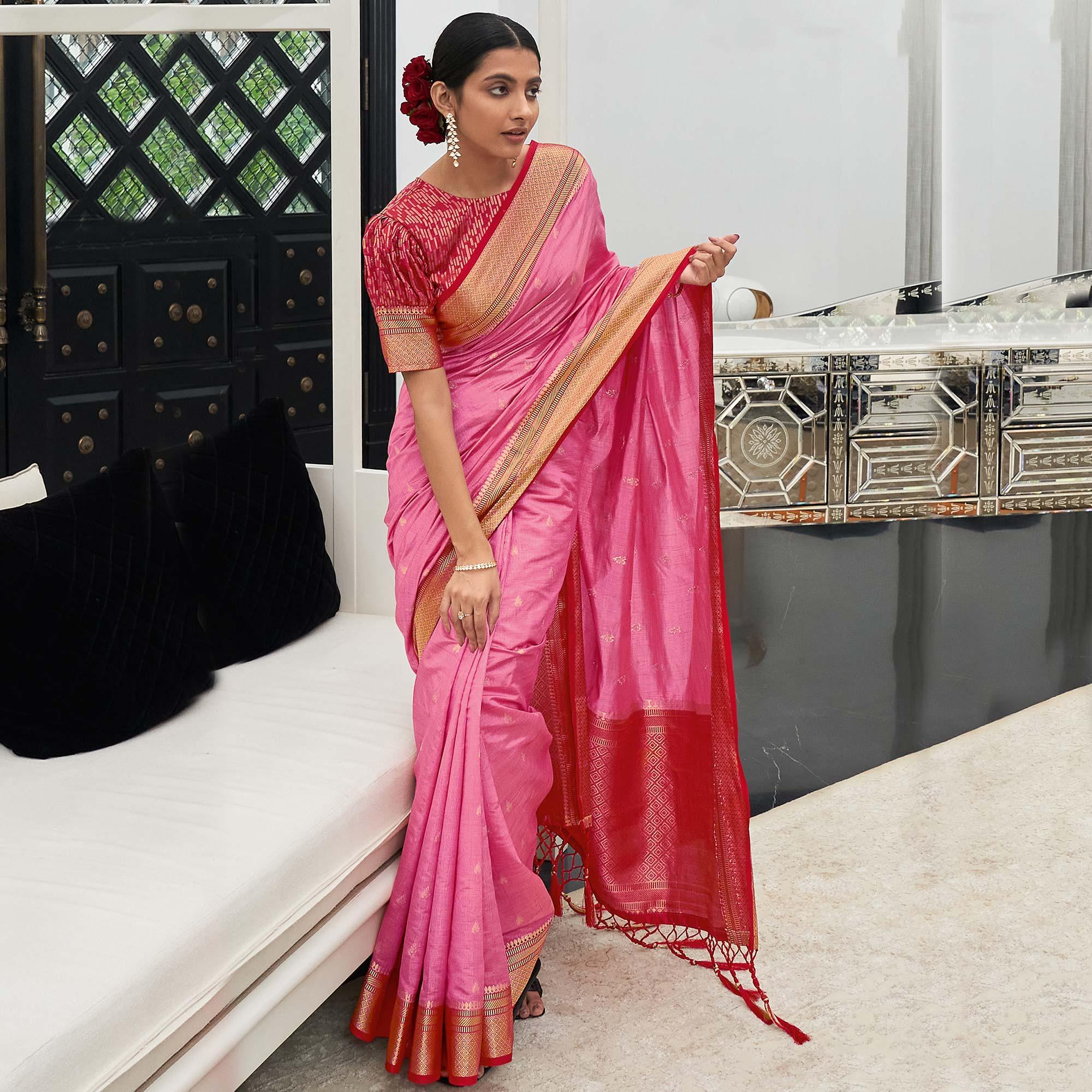 Pink Festive Wear Woven Silk Saree - Peachmode