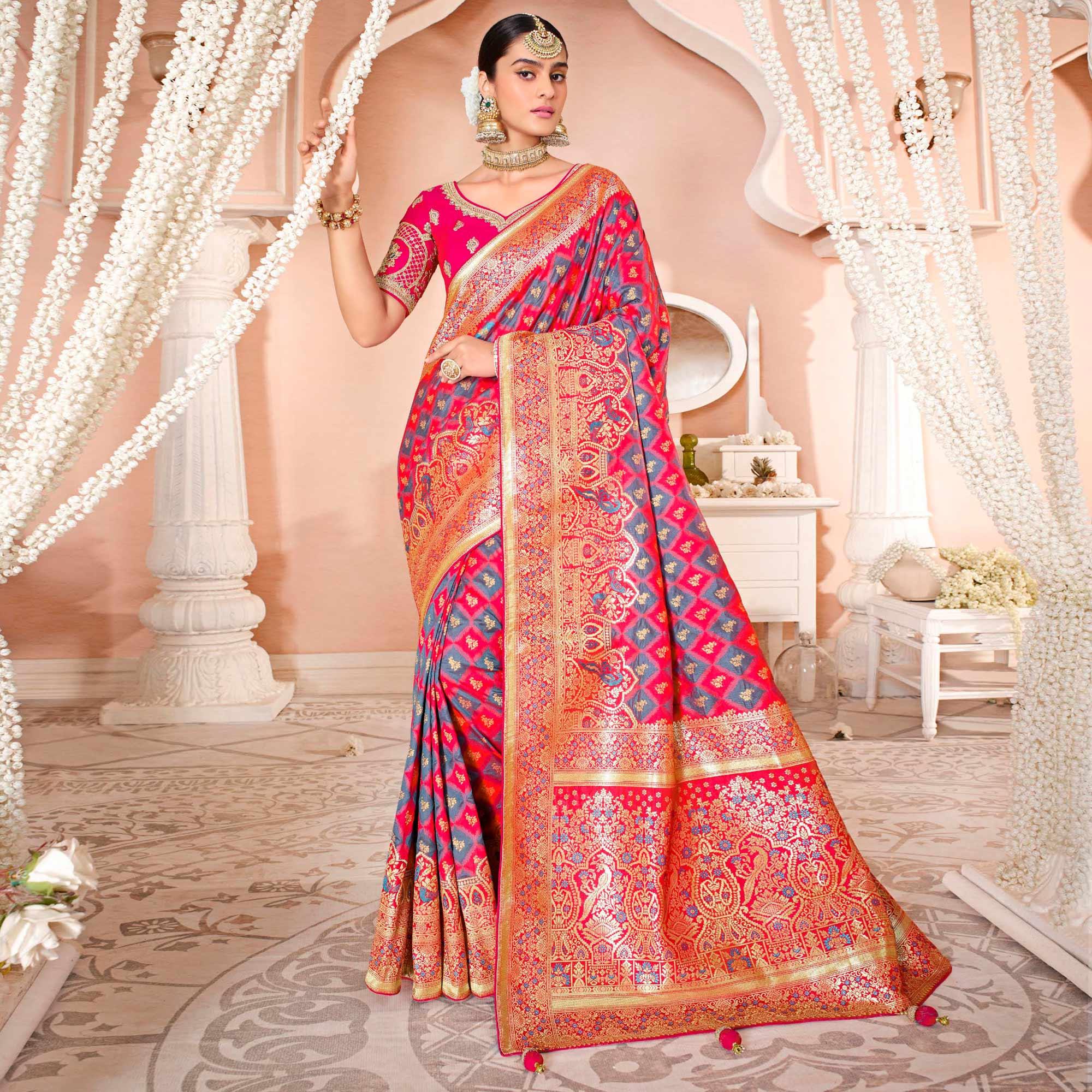Pink Festive Wear Woven Silk Saree - Peachmode