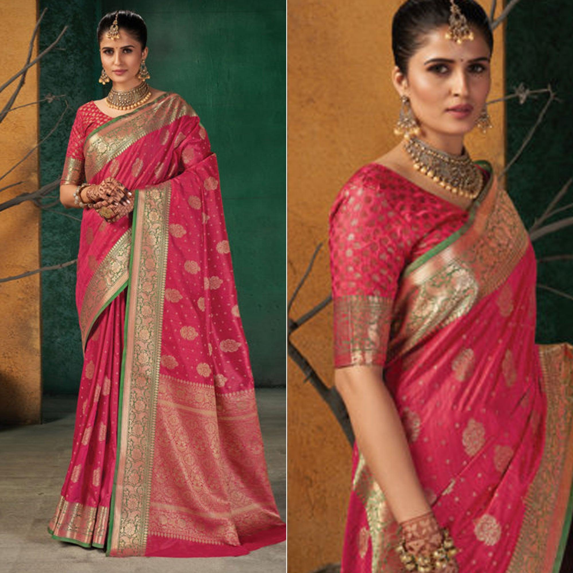 Pink Festive Wear Woven Silk Saree - Peachmode
