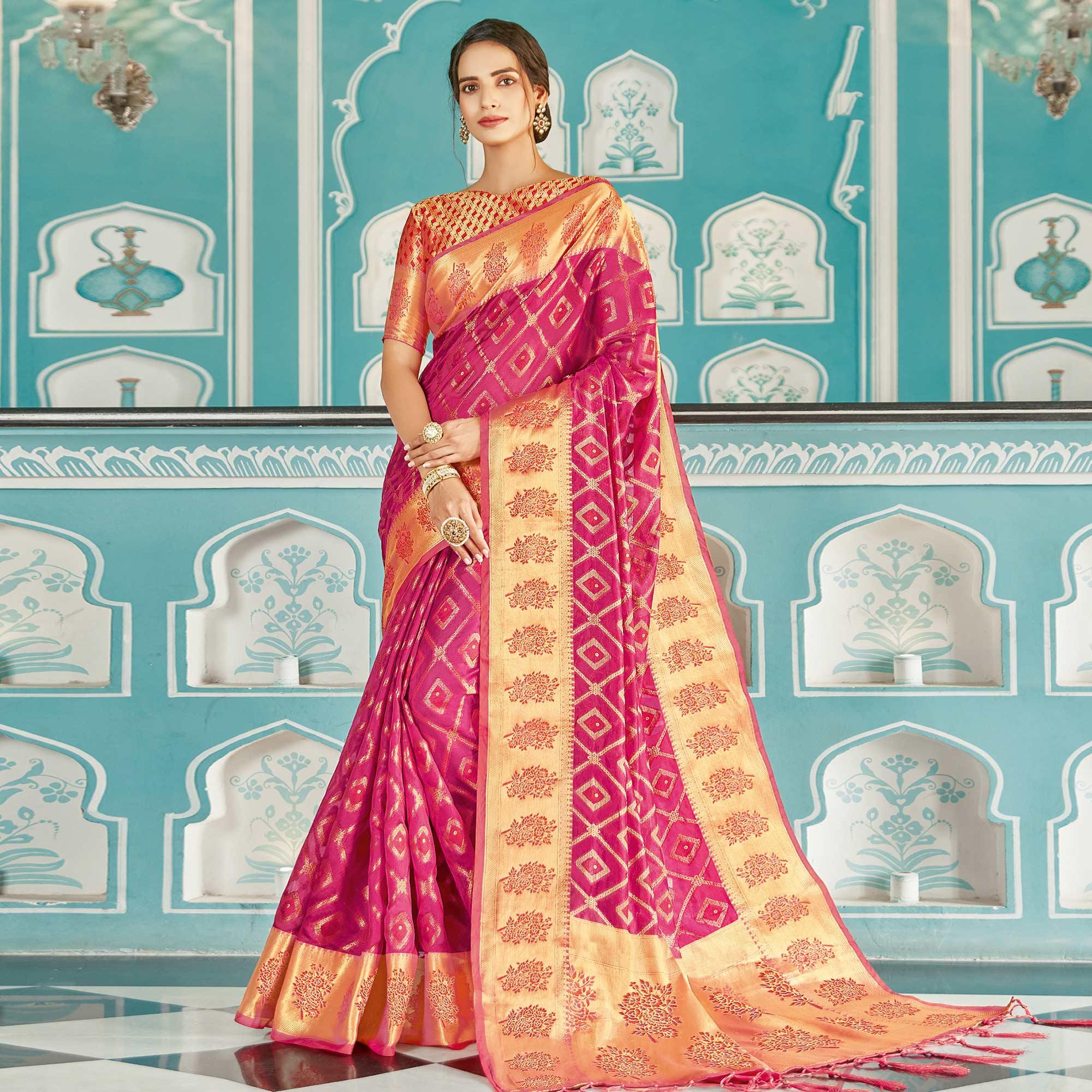 Pink Festive Wear Woven Silk Saree - Peachmode