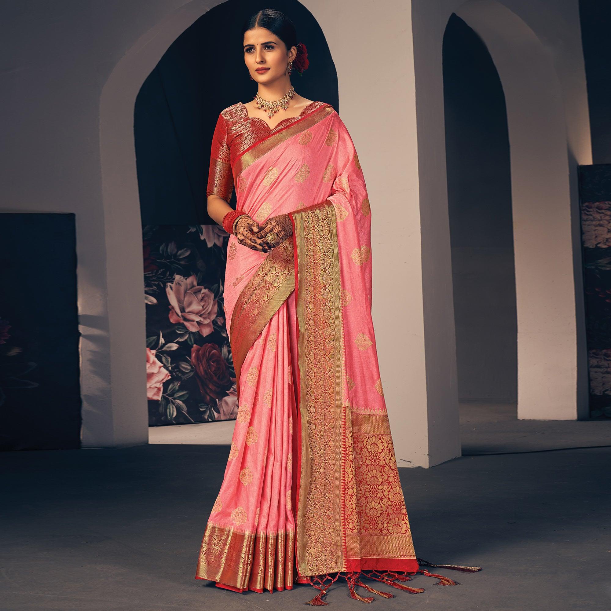 Pink Festive Wear Woven Silk Saree - Peachmode