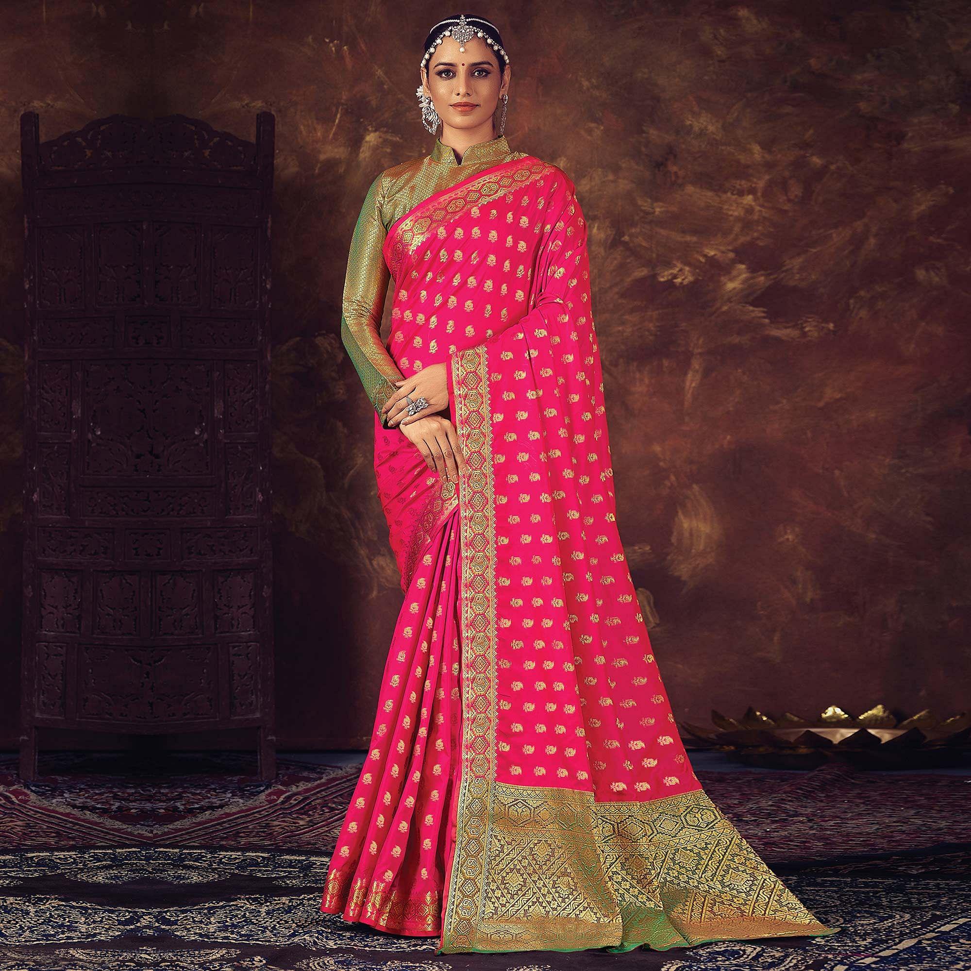 Pink Festive Wear Woven Silk Saree - Peachmode