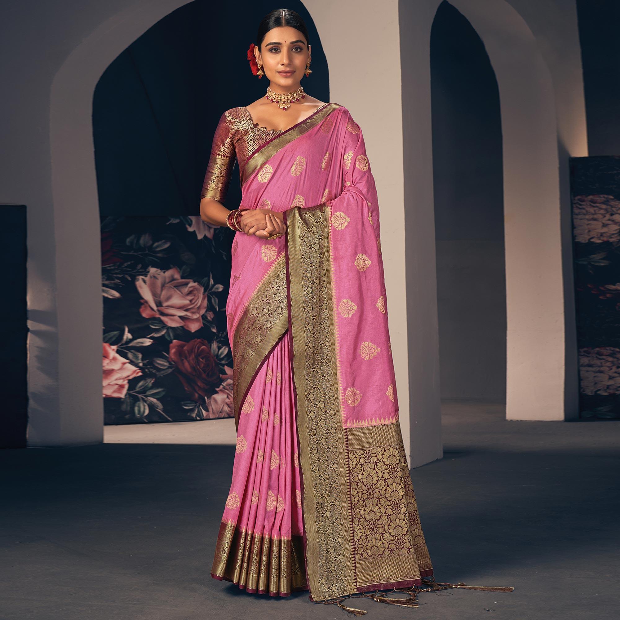 Pink Festive Wear Woven Silk Saree - Peachmode