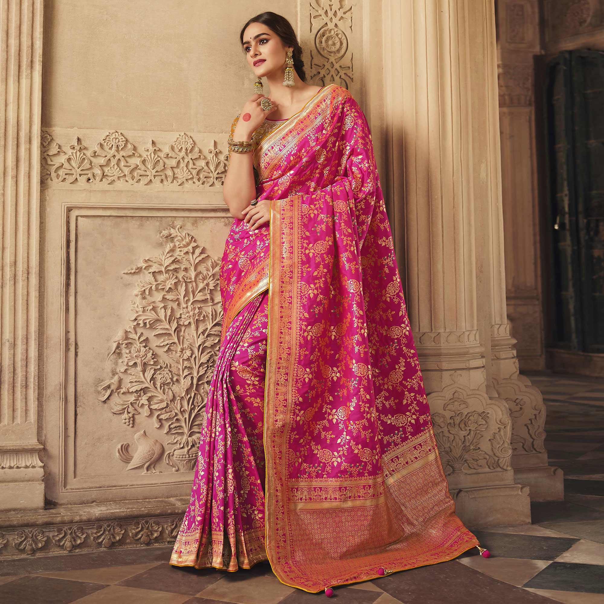 Pink Festive Wear Woven Silk Saree - Peachmode