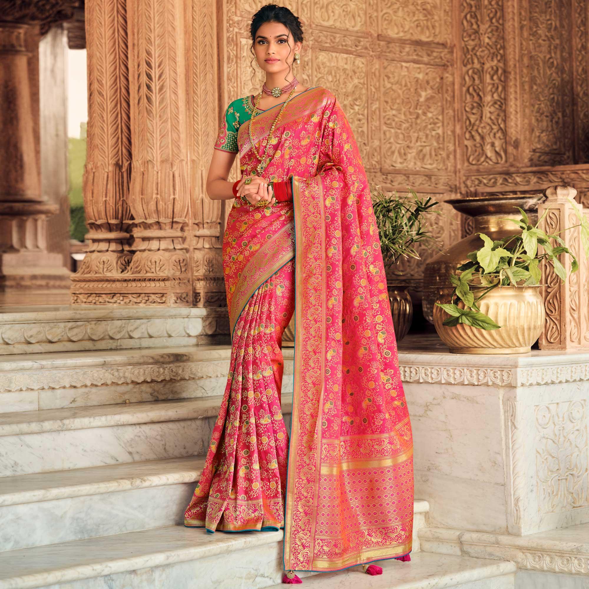 Pink Festive Wear Woven Silk Saree - Peachmode