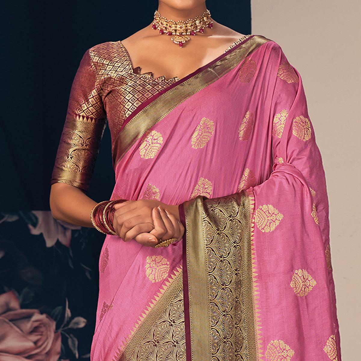 Pink Festive Wear Woven Silk Saree - Peachmode