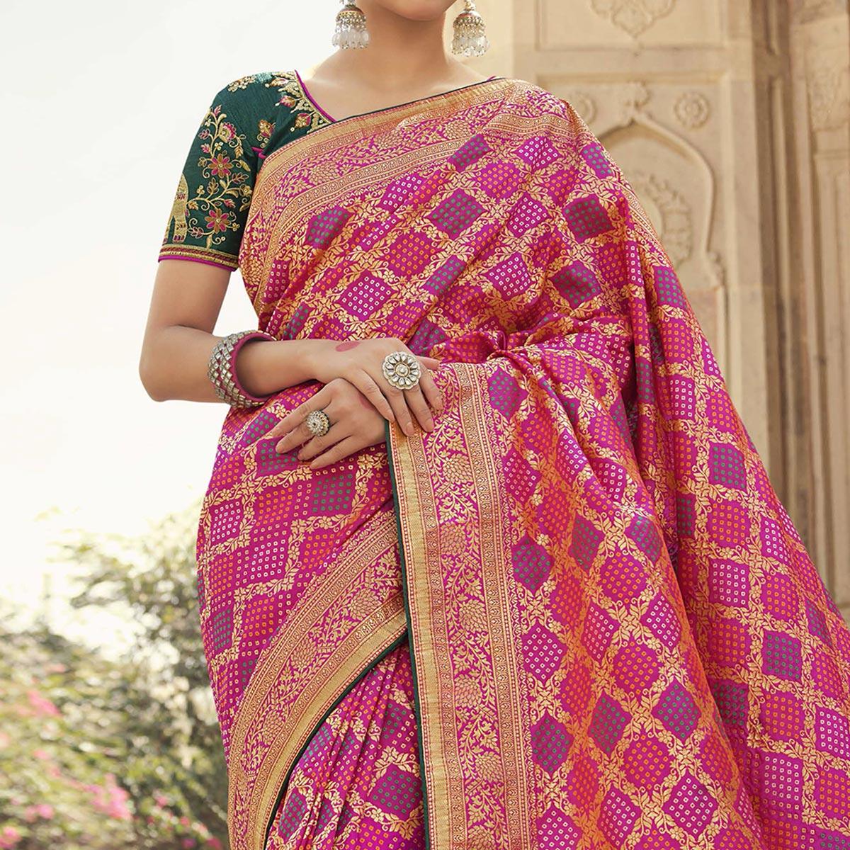 Pink Festive Wear Woven Silk Saree - Peachmode