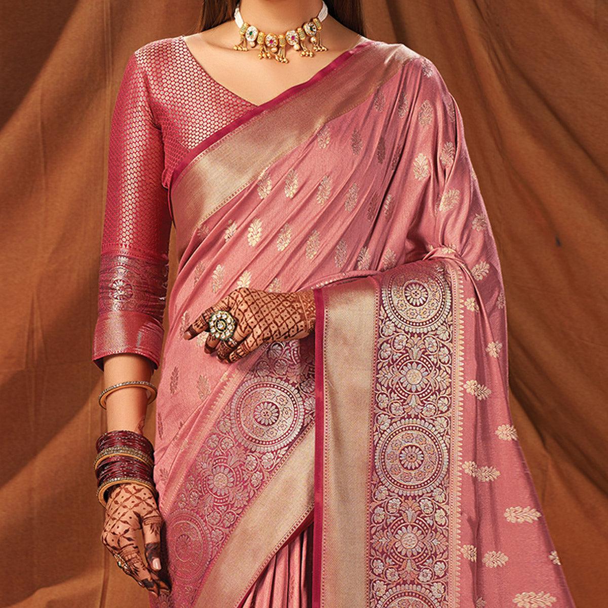 Pink Festive Wear Woven Silk Saree - Peachmode