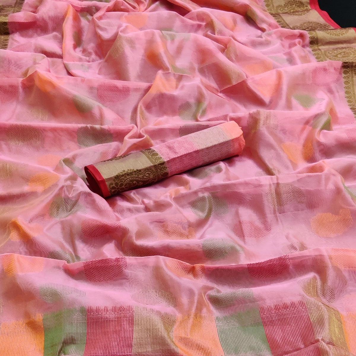 Pink Festive Wear Woven Silk Saree - Peachmode