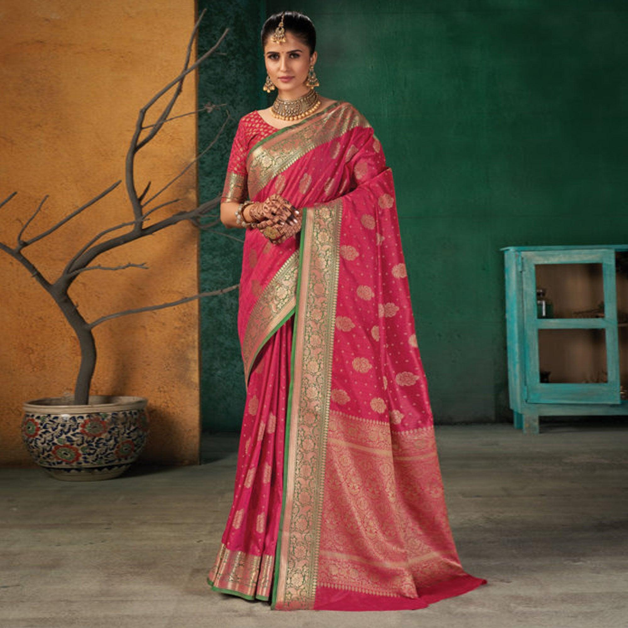 Pink Festive Wear Woven Silk Saree - Peachmode
