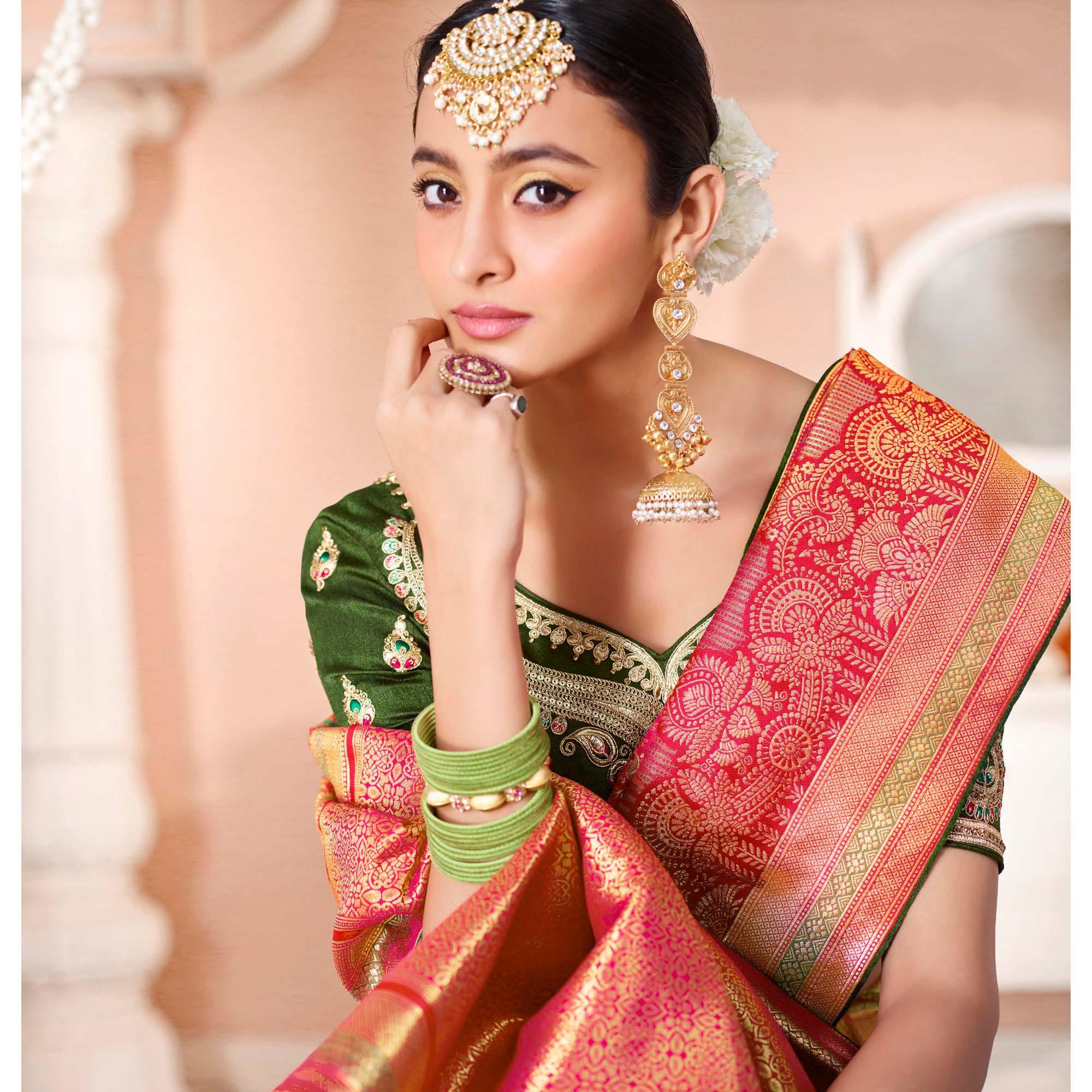 Pink Festive Wear Woven Silk Saree - Peachmode