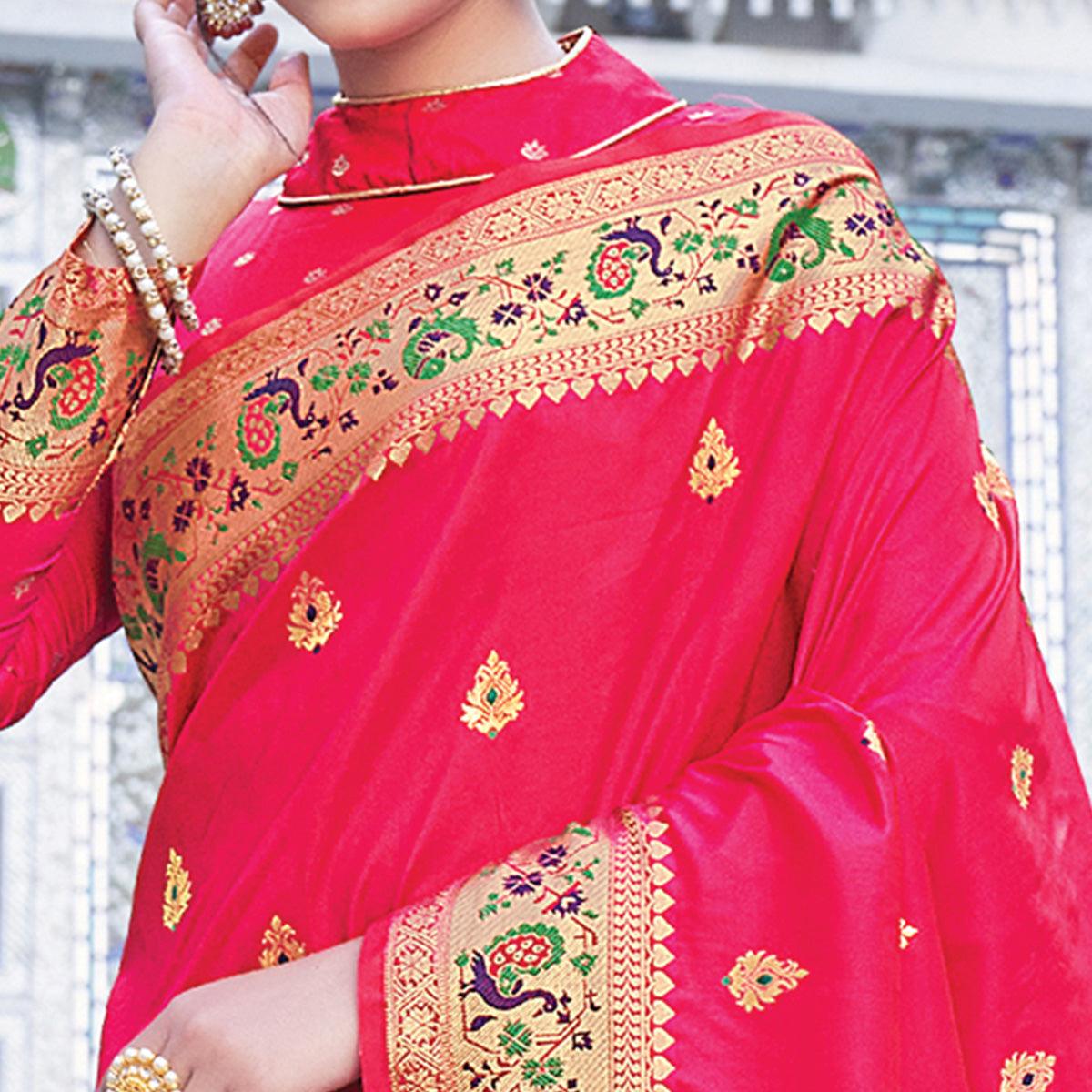 Pink  Festive Wear Woven Silk Saree - Peachmode
