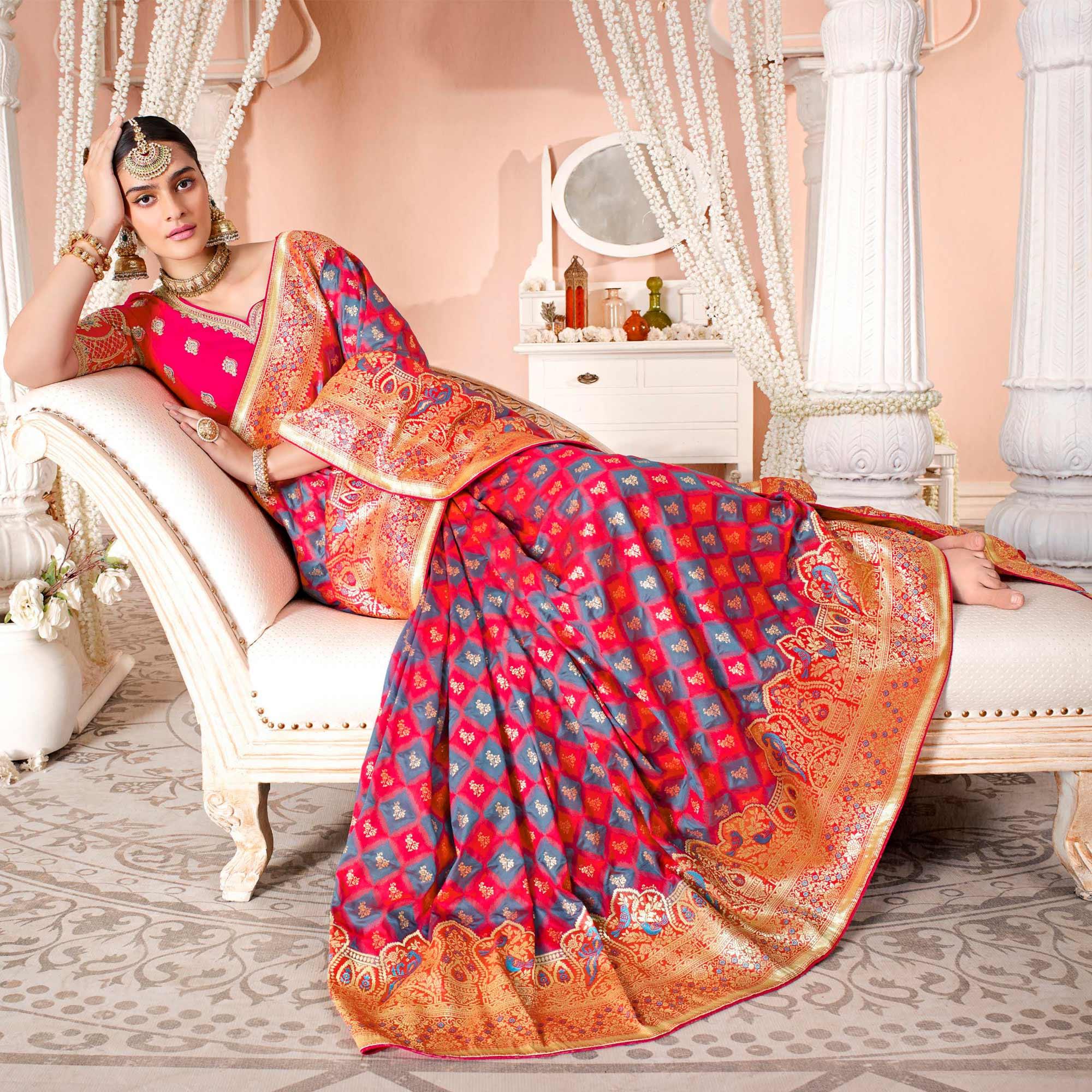 Pink Festive Wear Woven Silk Saree - Peachmode