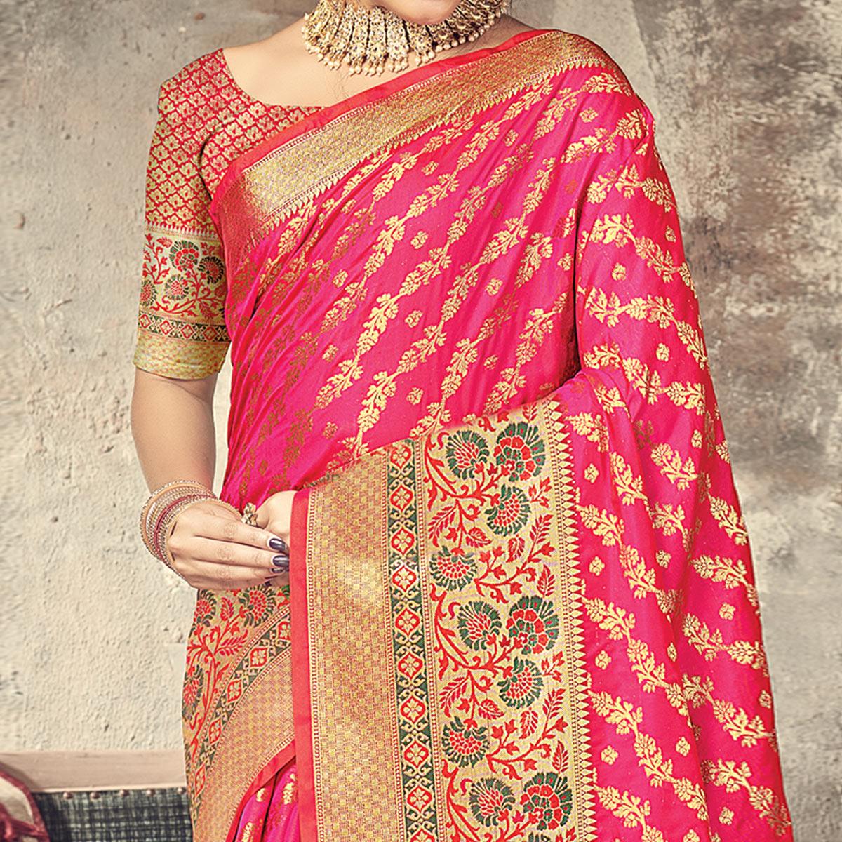 Pink Festive Wear Woven Silk Saree - Peachmode