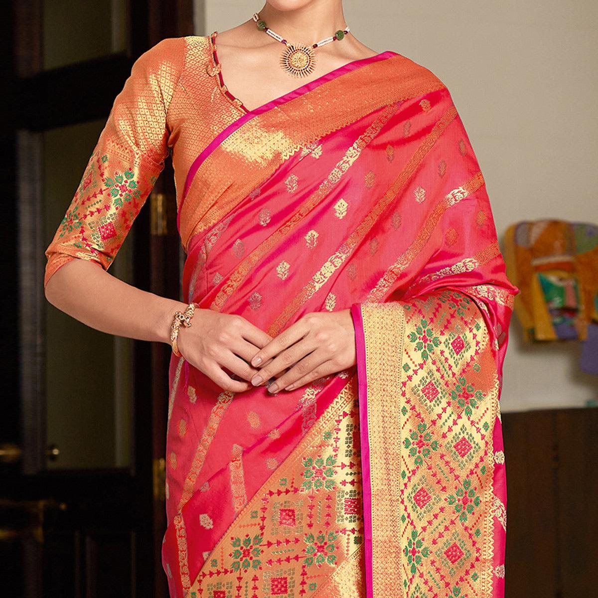 Pink Festive Wear Woven Silk Saree - Peachmode