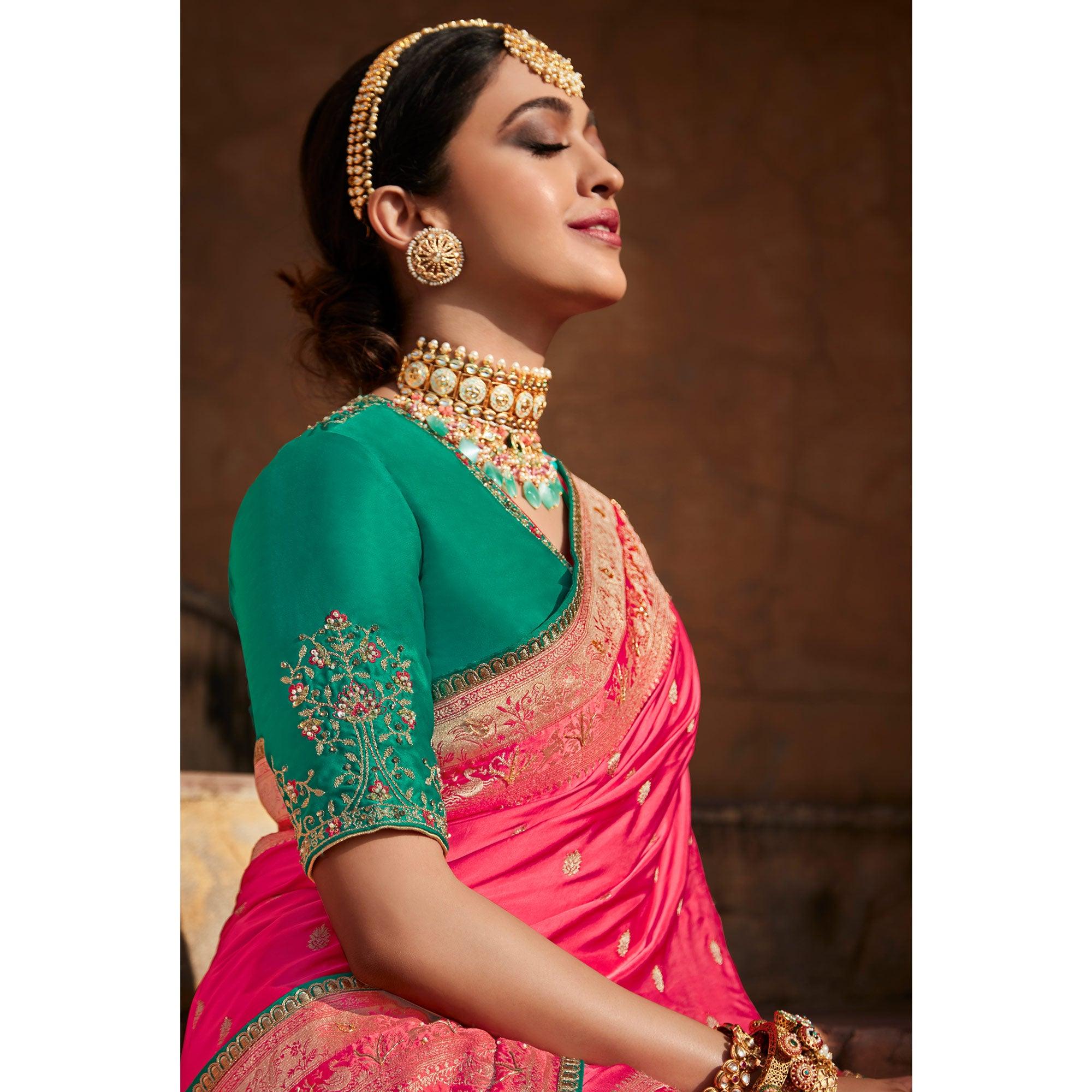 Pink Festive Wear Woven Silk Saree - Peachmode