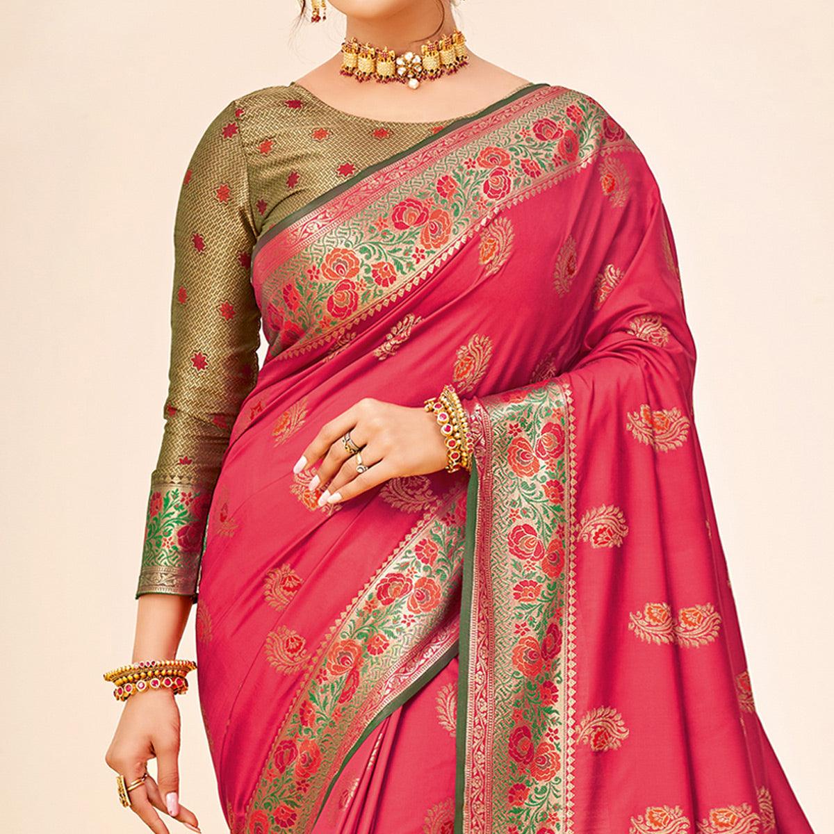 Pink Festive Wear Woven Silk Saree - Peachmode