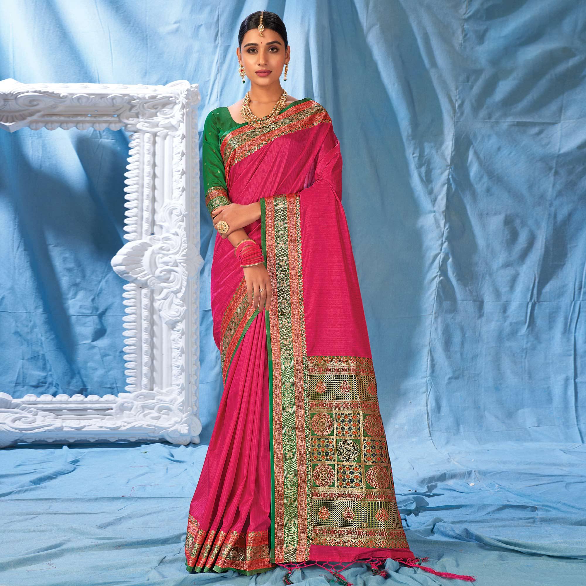 Pink Festive Wear Woven Silk Saree - Peachmode