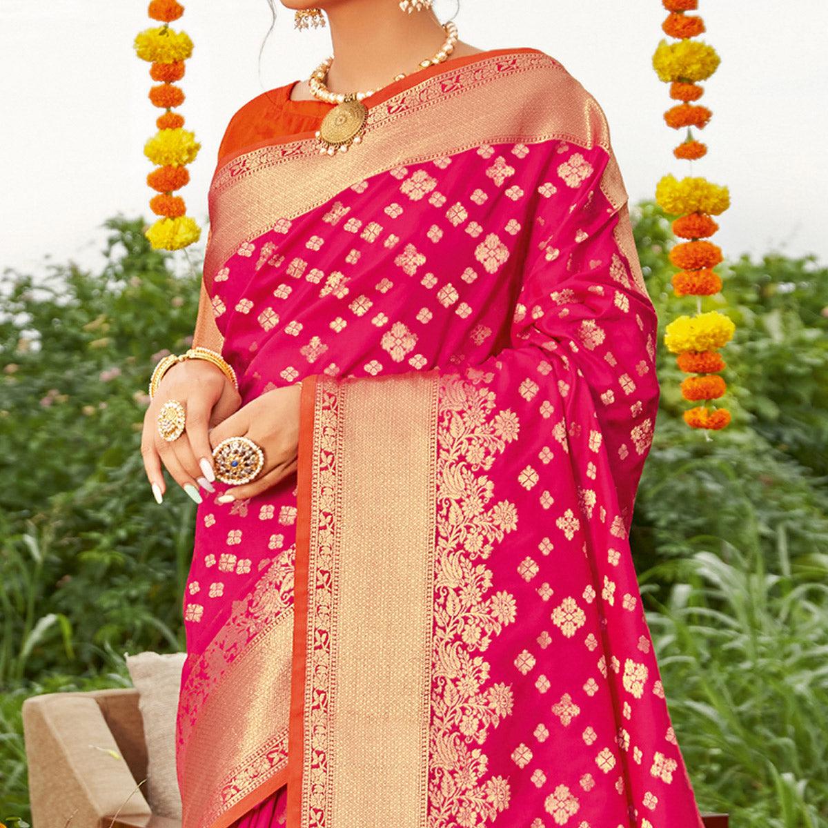 Pink Festive Wear Woven Silk Saree - Peachmode