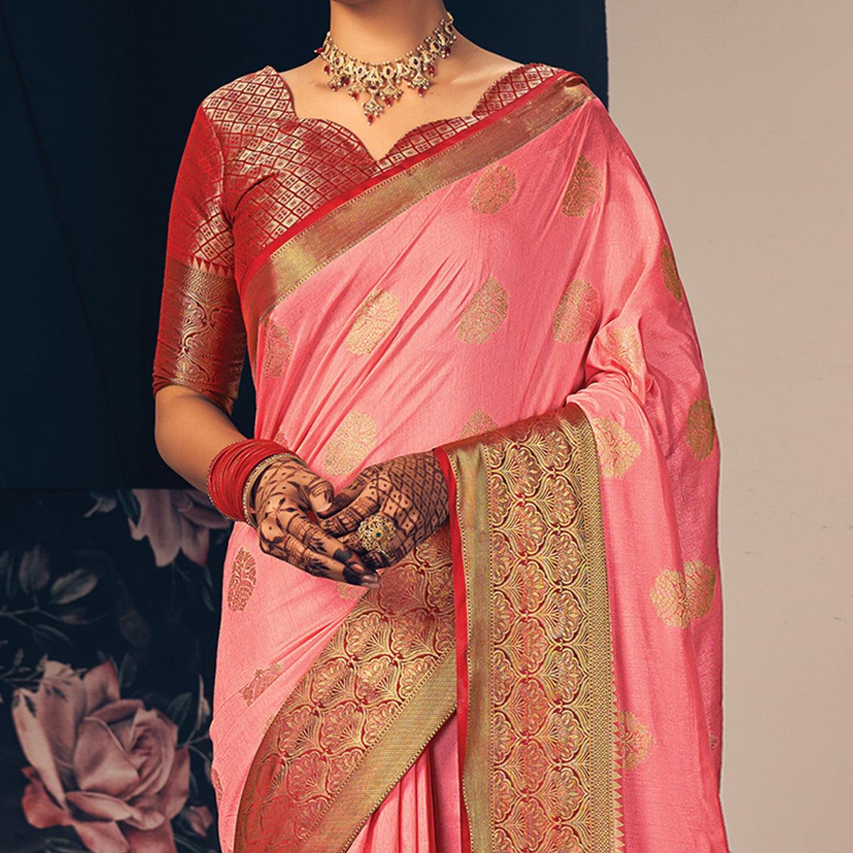 Pink Festive Wear Woven Silk Saree - Peachmode