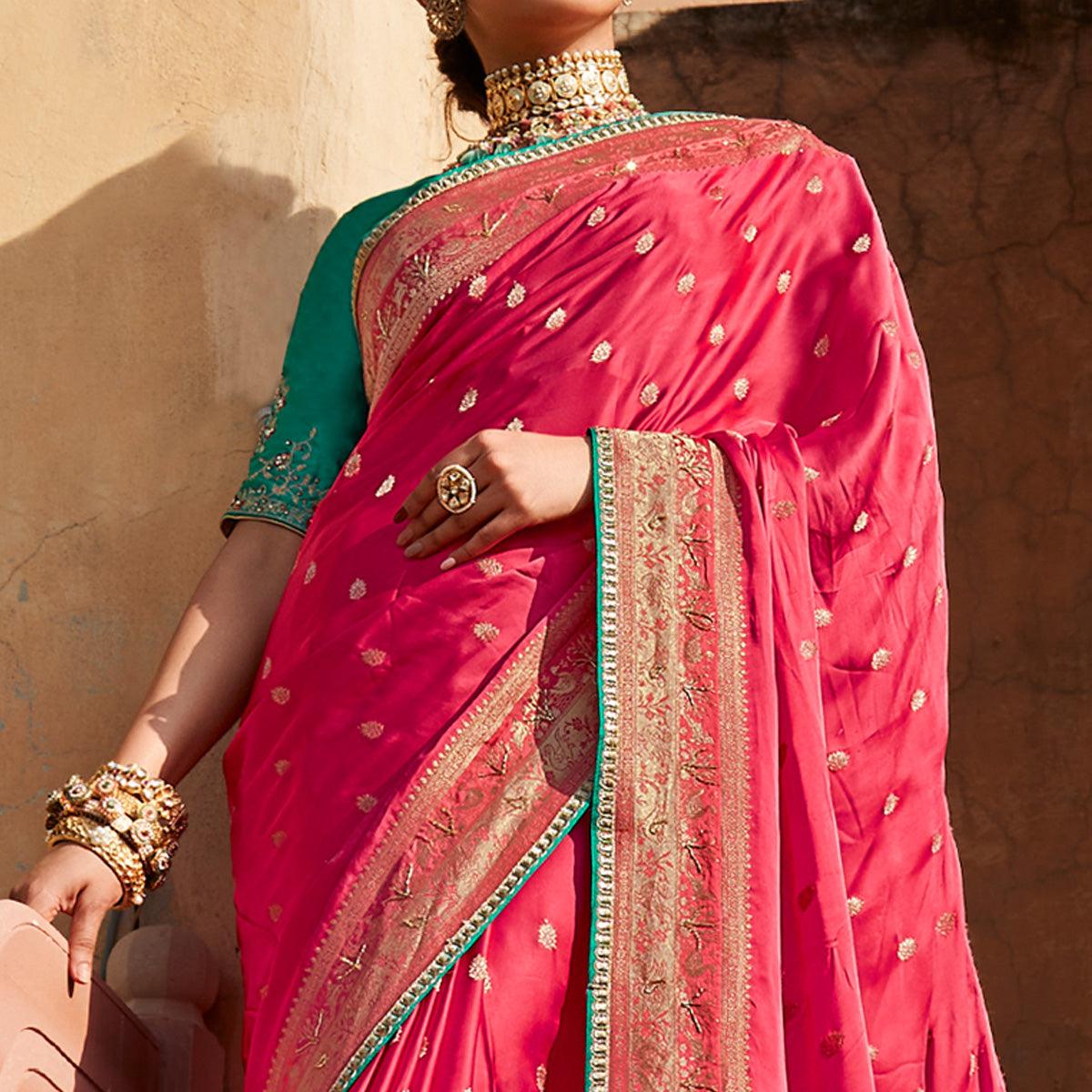 Pink Festive Wear Woven Silk Saree - Peachmode