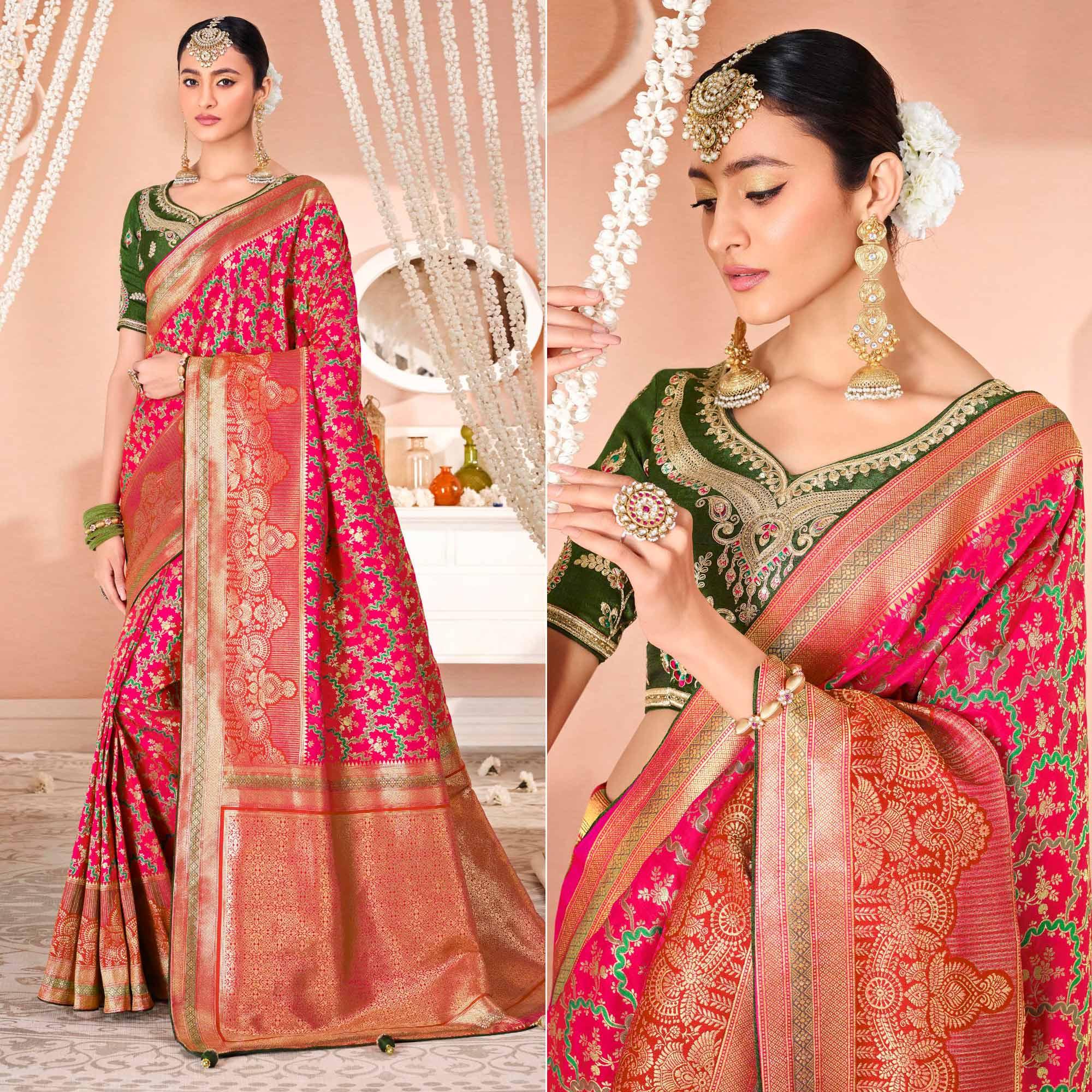 Pink Festive Wear Woven Silk Saree - Peachmode