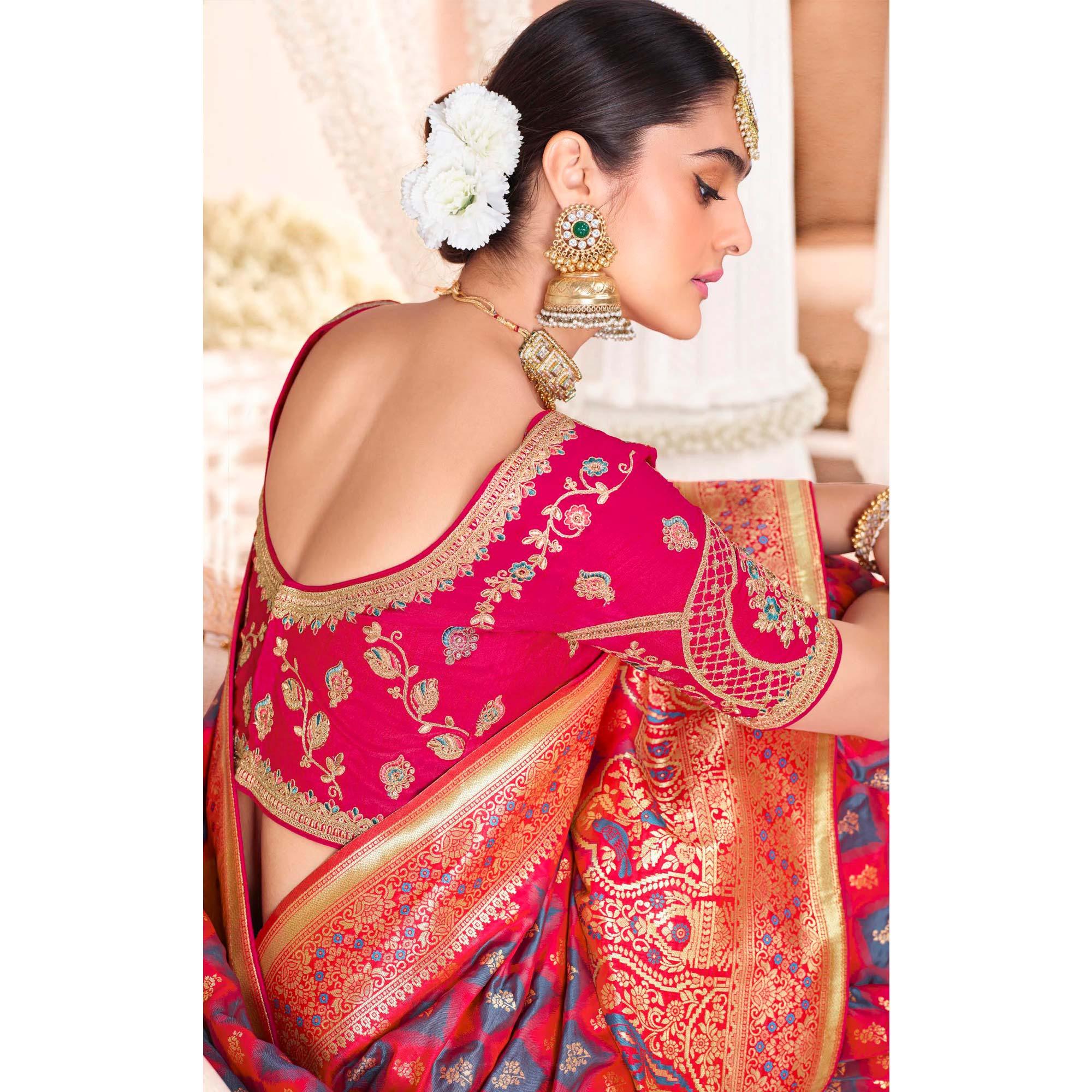 Pink Festive Wear Woven Silk Saree - Peachmode