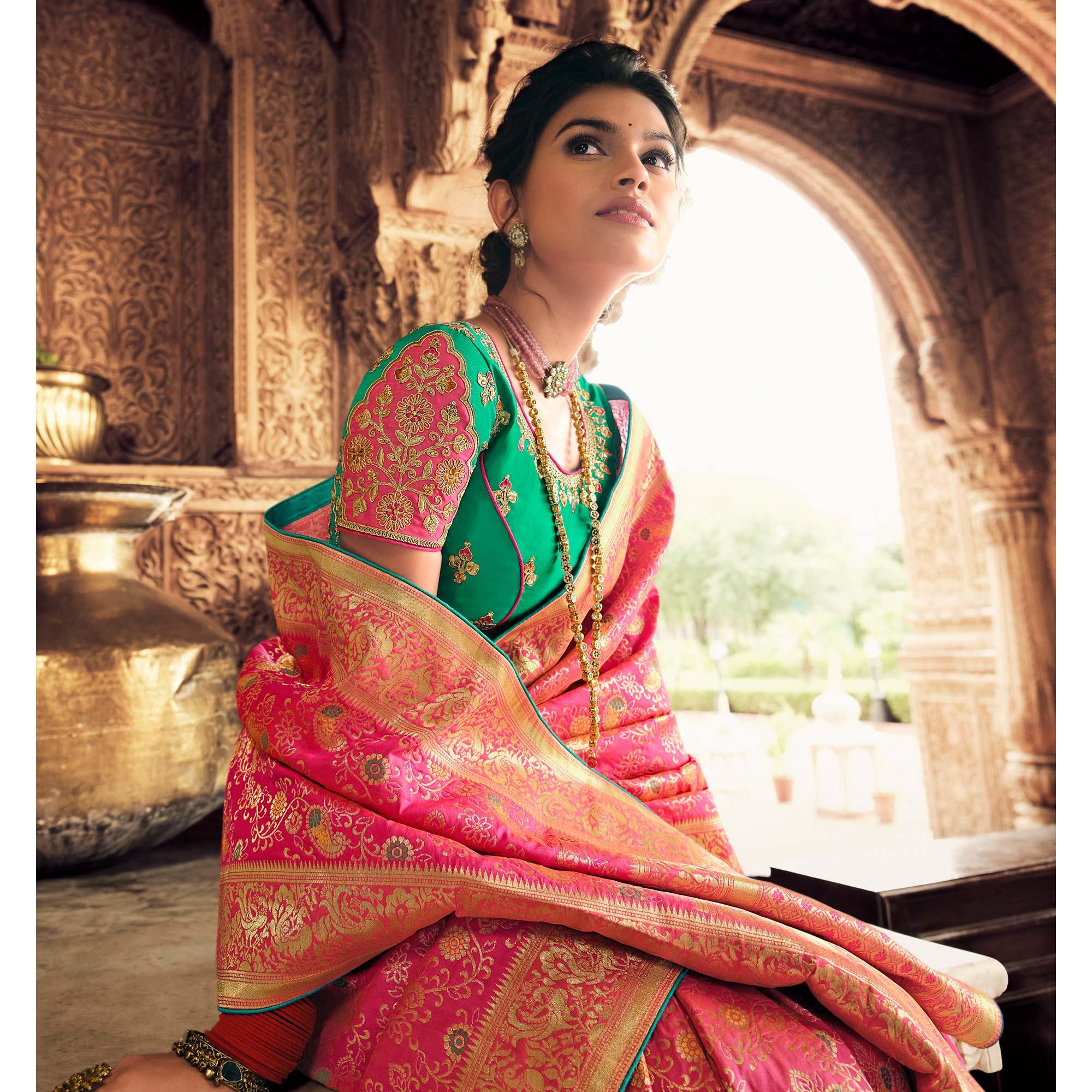 Pink Festive Wear Woven Silk Saree - Peachmode