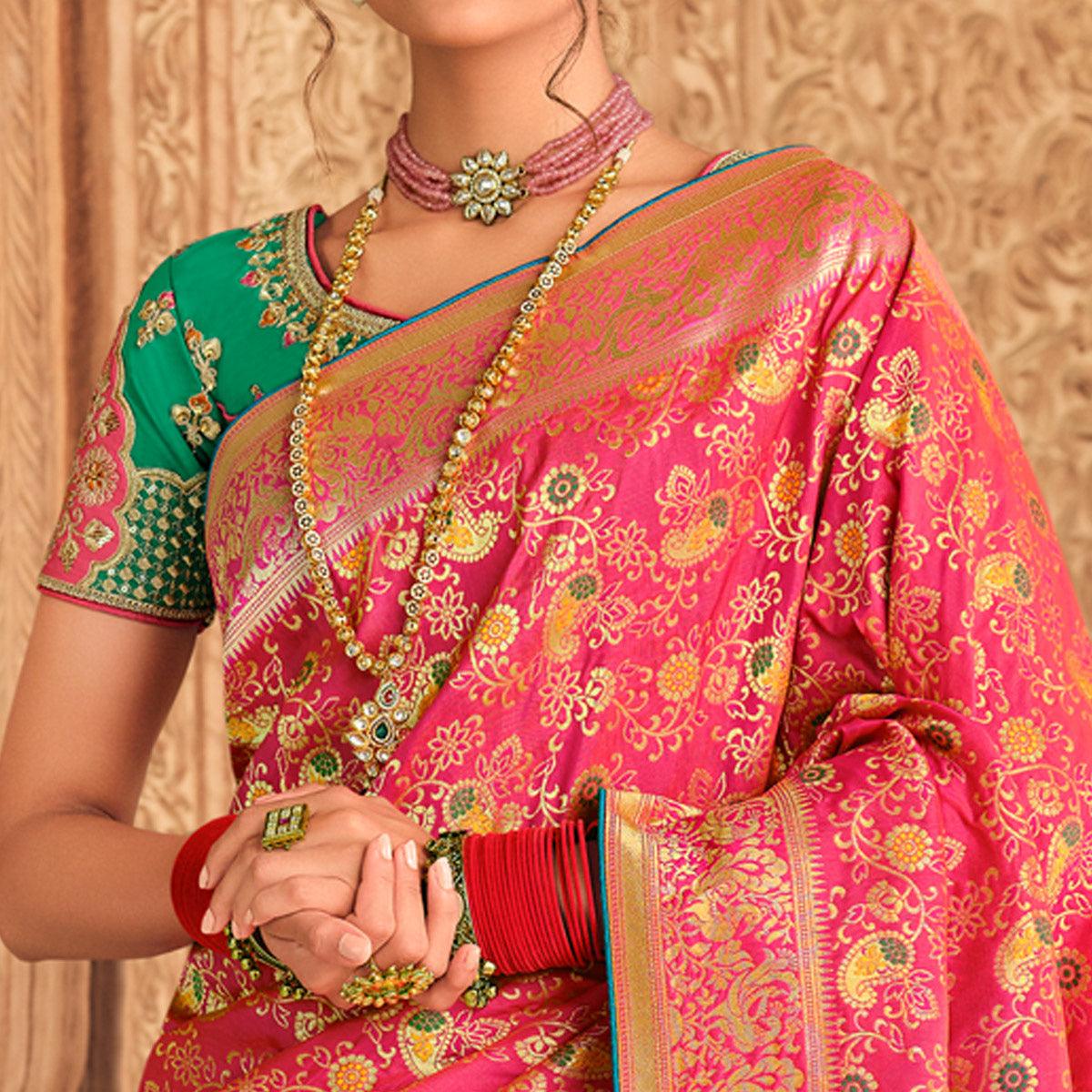 Pink Festive Wear Woven Silk Saree - Peachmode
