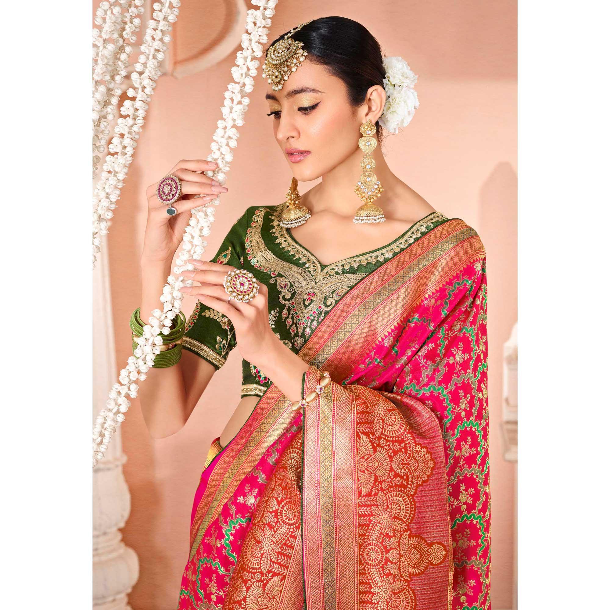 Pink Festive Wear Woven Silk Saree - Peachmode