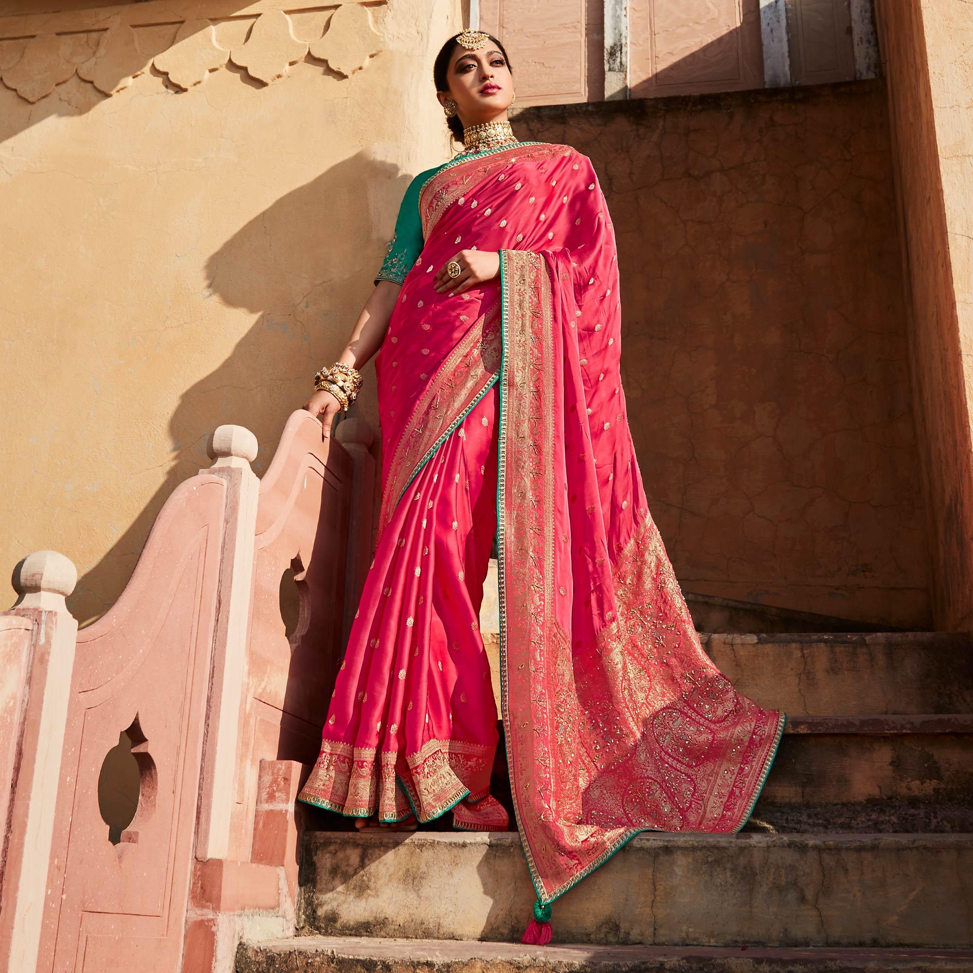 Pink Festive Wear Woven Silk Saree - Peachmode