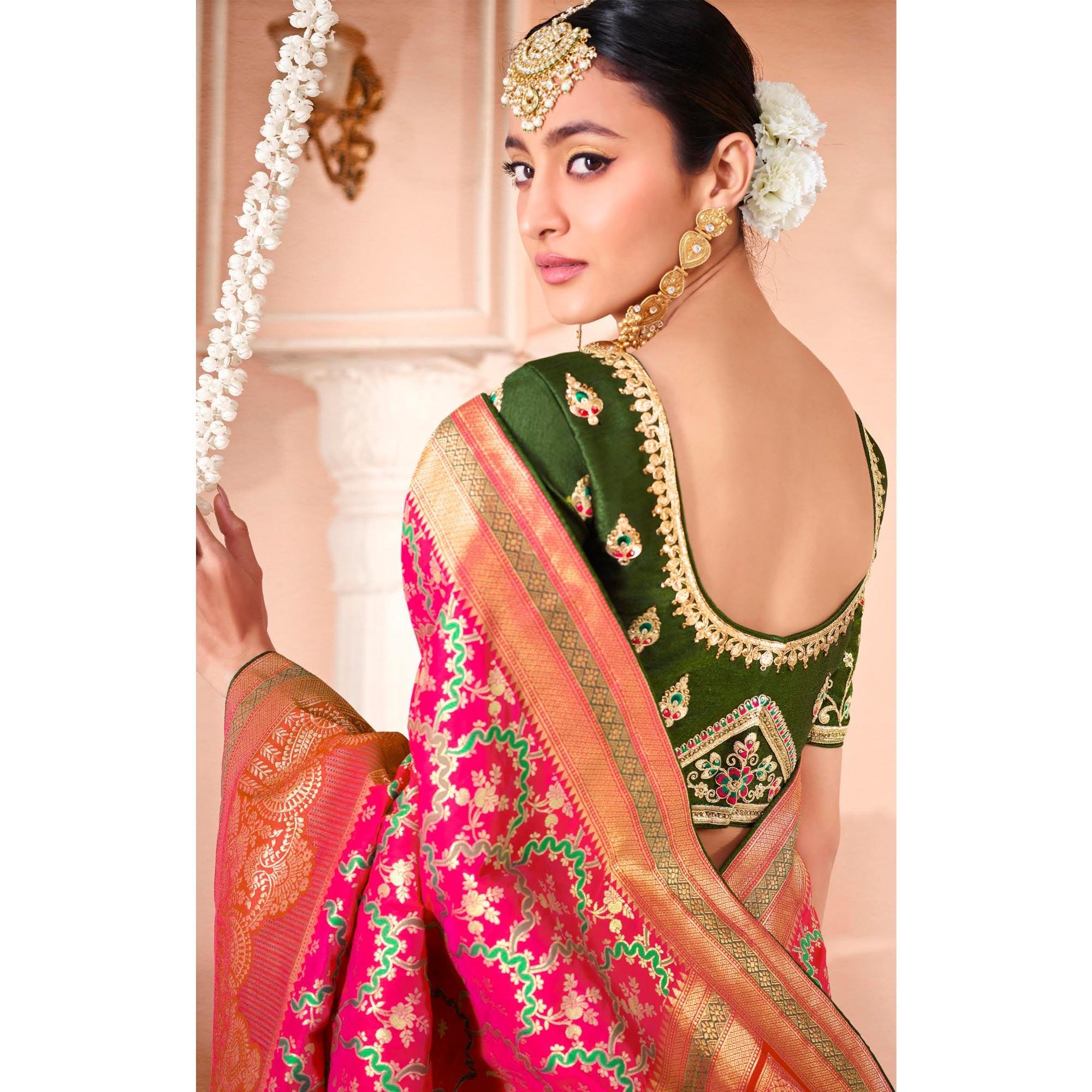 Pink Festive Wear Woven Silk Saree - Peachmode